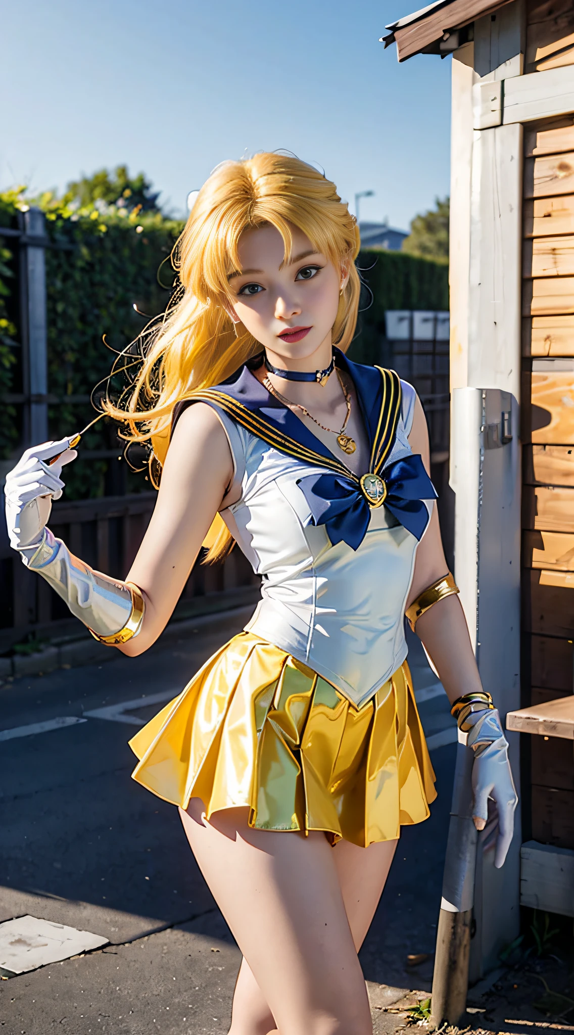 ((​masterpiece:1.4)、(top-quality:1.4)、(reallistic:1.7))、masuter piece:1.4、a beauty girl、(Sailor Moon:1.4)、Tsukino Usagi、Body Fit Sexy Sailor Senshi Uniform、(latex shiny)、(The jacket is a white sleeveless sailor suit)、(Skirt is blue sexy ultra ultra mini skirt)、The collar of the sailor suit is blue with two thin lines.、high leg swimsuit、Red cloth ornament at chest、(Wearing white gloves)、Kawaii Girl、Super beauty、foco nítido、Portrait photos、Upper body photography:1.4、beautiful countenance、beautidful eyes、Narrow waist、(Yellow hair:1.4)、(length hair:1.2)、Raw photo、red-lips、Red high heels:1.4、a choker:1.4、a necklace:1.4、耳Nipple Ring:1.4、Luxurious golden tiara on forehead:1.4、1 screen display、Outdoor landscape