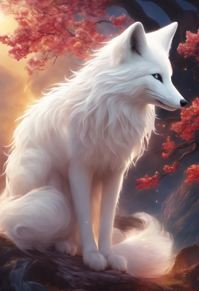 Chinese mythology,Huge white fox,Thick clouds,(((Nine tails))),moutains,themoon,tmasterpiece,Best picture quality,super-fine,Super magical,ultra - detailed,8K分辨率,OC renderer,dynamic viewing angle