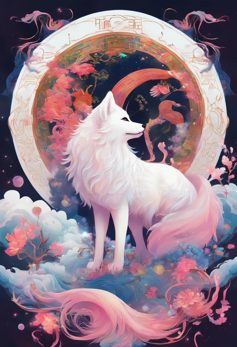 A painting of a white wolf with pink hair and a moon - SeaArt AI