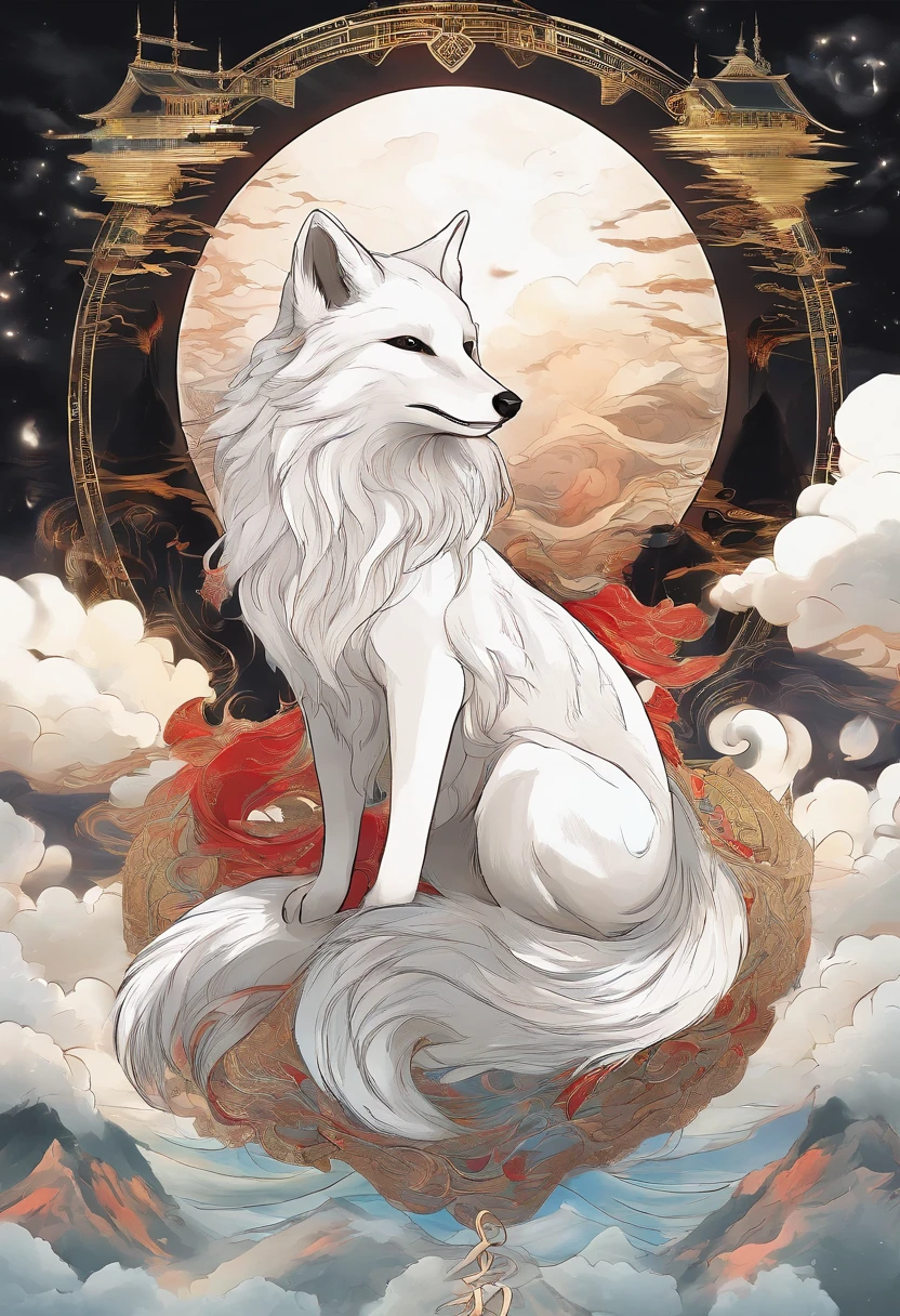 Chinese mythology,Huge white fox,Thick clouds,(((Nine tails))),moutains,themoon,tmasterpiece,Best picture quality,super-fine,Super magical,ultra - detailed,8K分辨率,OC renderer,dynamic viewing angle