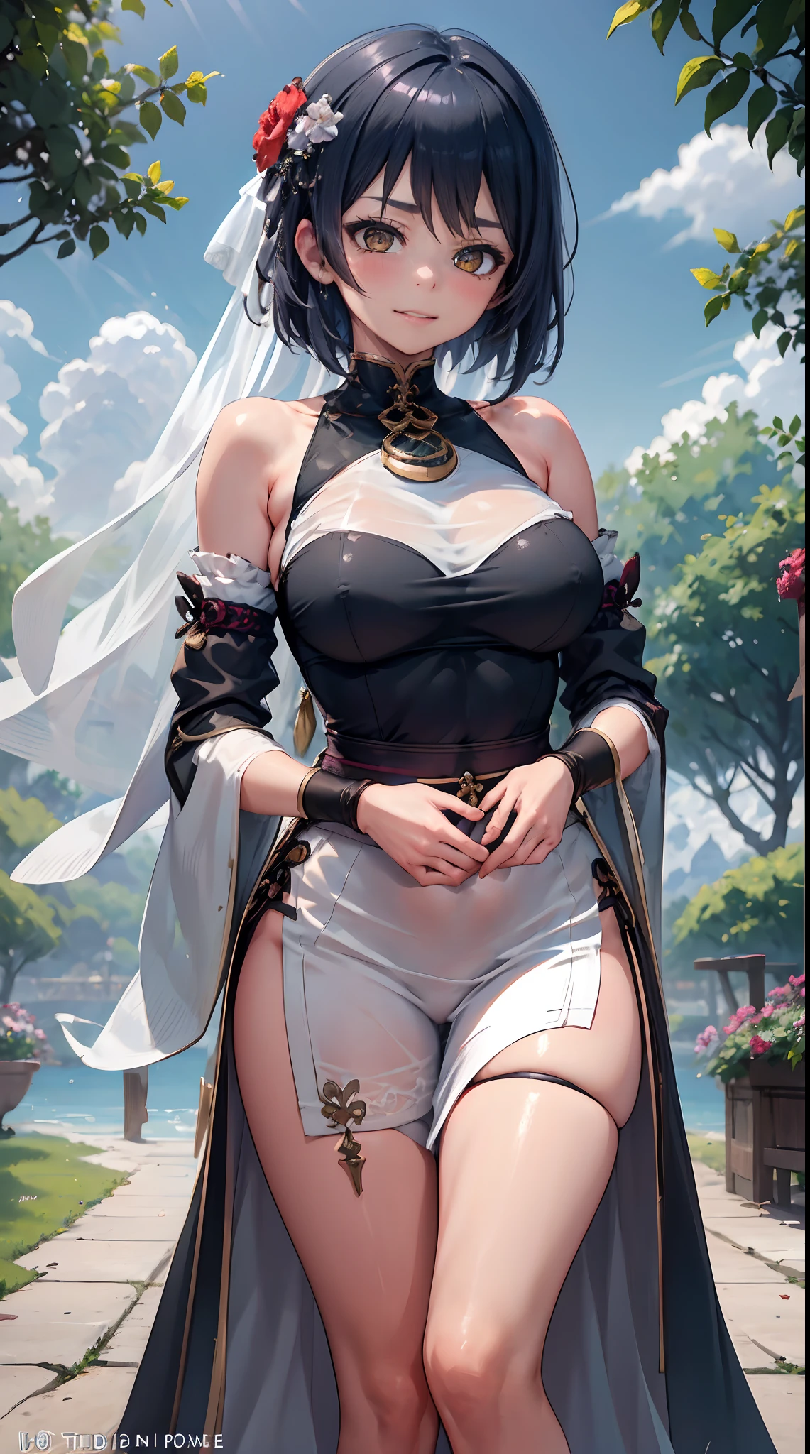 Kujou Sara | genshin impact, master-piece, bestquality, 1girls,25 years old, proportional body, proportional., Wedding Dresses, White Wedding Dress, Long skirt, wedding, ,bara, Standing in the middle of a flower garden, outdoor, wedding, The sky is beautiful, In a paradise of love and happiness......................, The bride wears a Japanese dress and a seductive smile......................, The passage of time stops at theirs......................, On this wedding day of love and happiness......................, Bright and beautiful flowers, Holding it in her hands symbolizes the envelopment of love......................, Love and friendship through the transmission of flowers, In a paradise of love and happiness......................, A bride in a yukata wearing a masika......................, It is a form of beauty and elegance......................, Show your spouse your heart....................., In a paradise of love and happiness......................, Kochikugisa is the tree of new beginnings......................, And their love and affection..................., And suck a lot of love......................, Flowers represent love and peace......................, In a paradise of love and happiness......................, View viewers from the front., Thigh strap, Head tilt, bored, 10, 10, HD, slight smile,