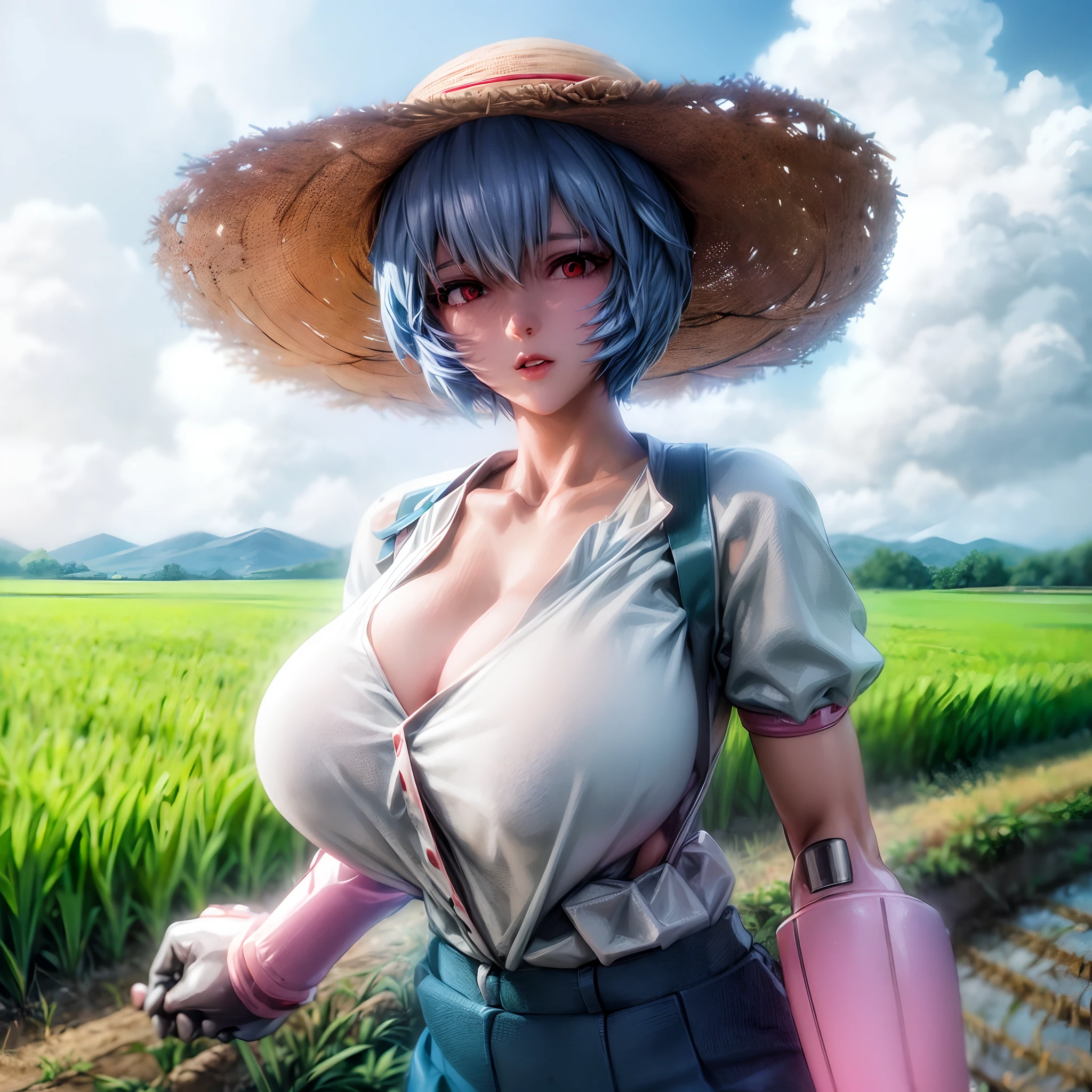 a higly detailed anime focus of giant rei ayanami in shoulder cut shirt and straw hat,pink latex gloves,on the japanese countryside,daytime,rice farm,dirt, long exposure,detailed vehicle,detailed background,ayanamirei,(large breast),cleavage,bursting breast