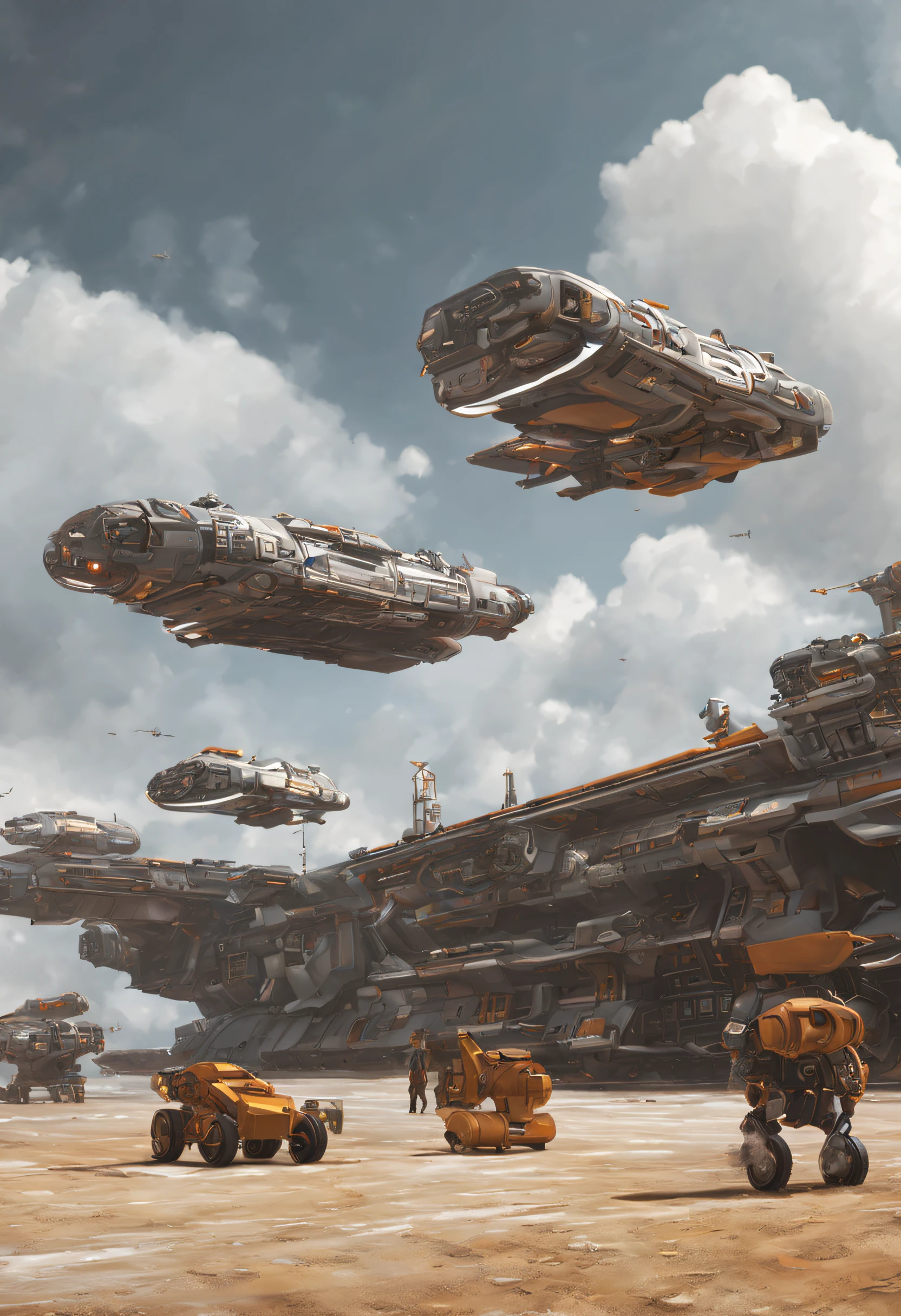 detailed, (three spaceships on the ground:1.5), space shipyard, long-distance workers, one spaceship taking off, cloudy weather, artstation render
