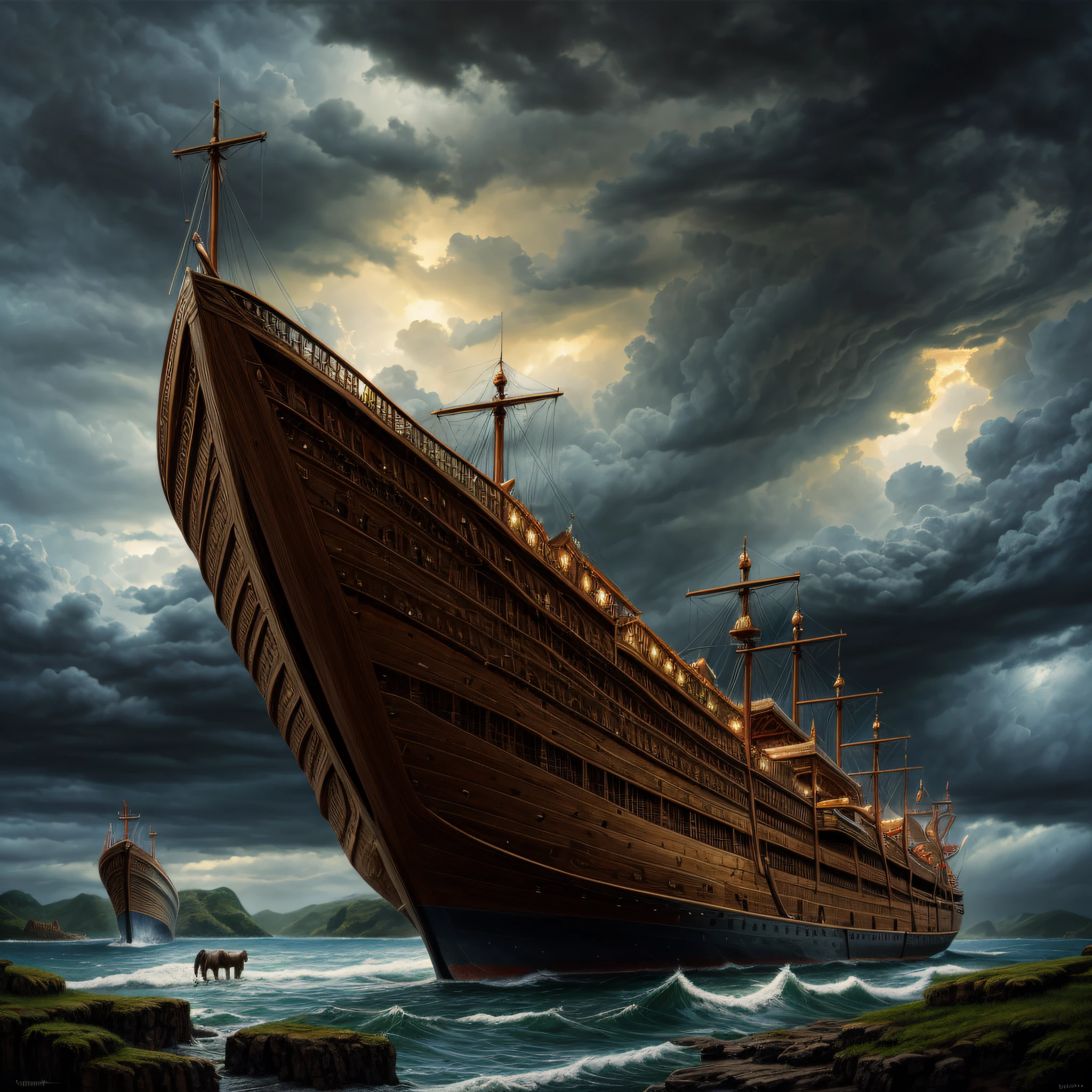 A grand depiction of Noah's Ark, a colossal wooden vessel with pairs of various animals, both common and exotic, gathered under a dramatic, stormy sky, Illustration, detailed and textured strokes, stained-glass, . Oil painting style.