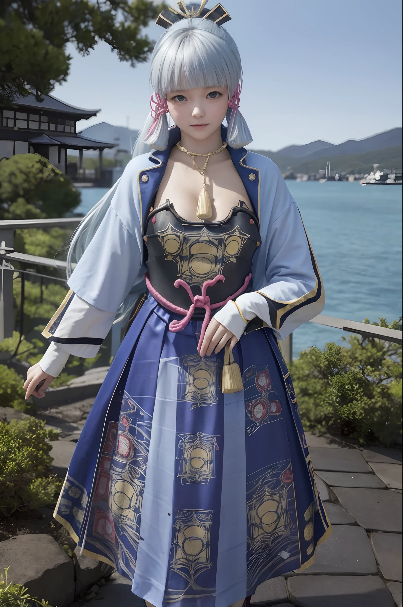 masterpiece, Hi-Res, top-quality, 1 Girl Solo, Kamisato_Ayaka, Colossal tits、Raw photo, From above, see the beholder, Light smile,