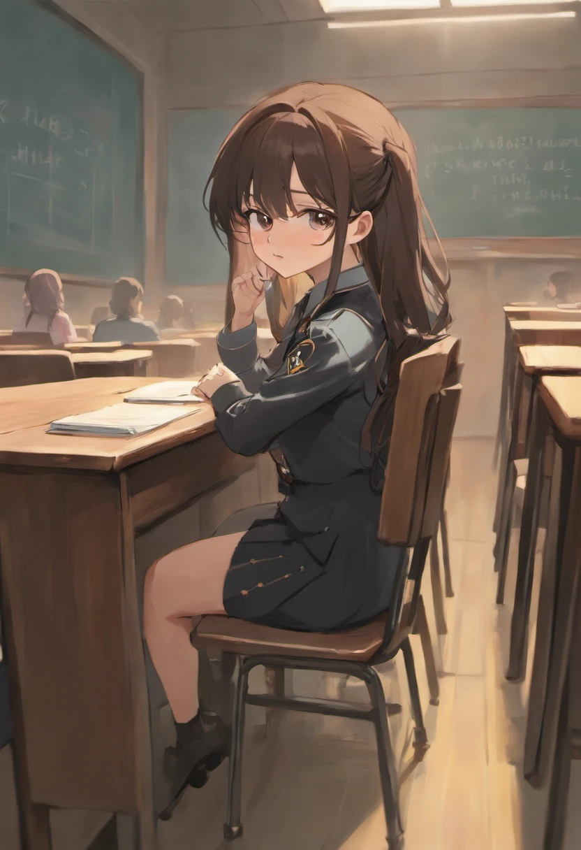 a beautiful Korean girl in uniform long black brown hair, in glasses sitting at chair in classroom and a tall , mash cut hairstyle , handsome Korean boy stare her at the chair from behind