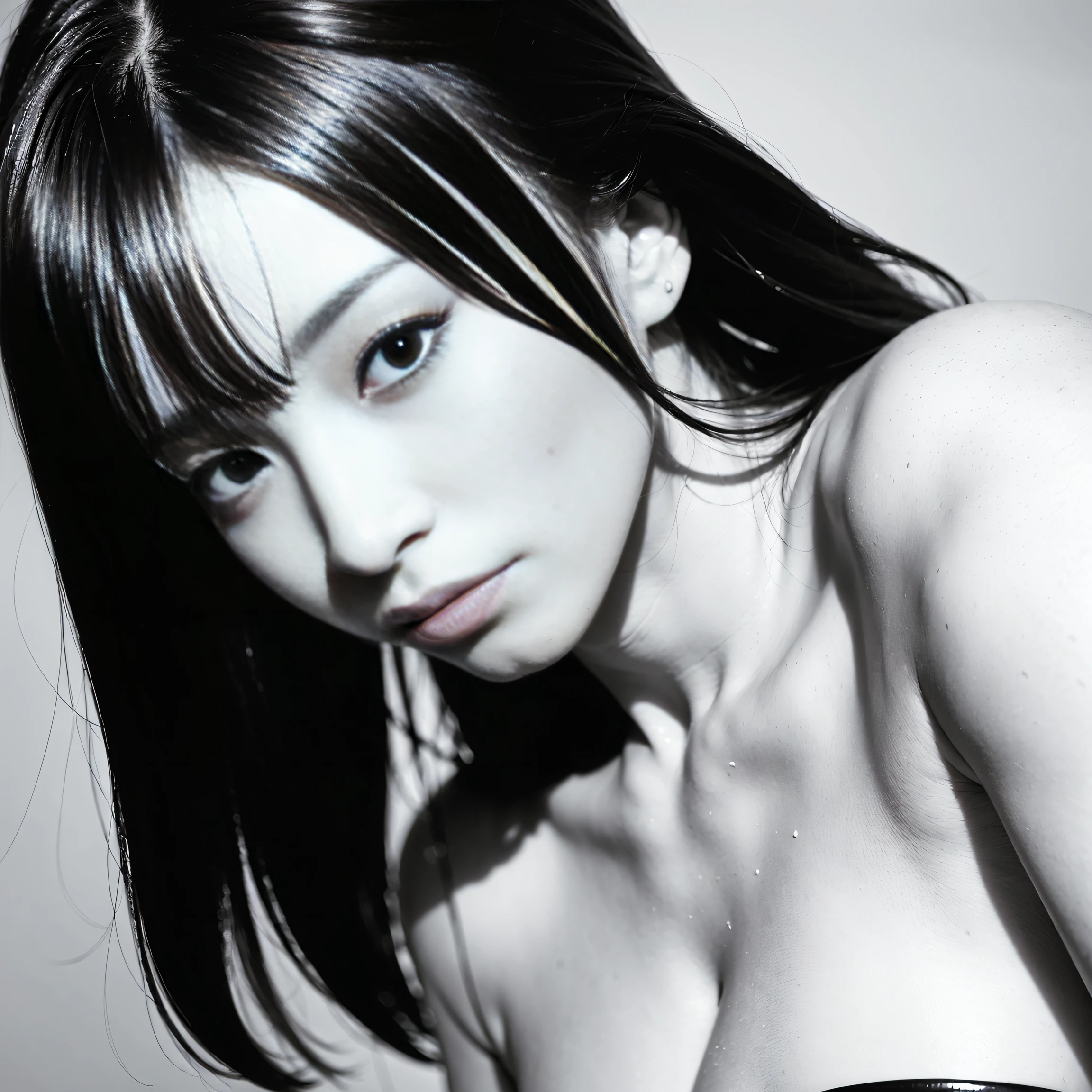 1人の女性、art photography、Close-up of the constriction、The upper part of the body、a closeup、Angle from the side obliquely、black-and-white、Like the Paris Collection model、(in 8K、Raw photography、top-quality、masterpiece:1.2)、(realisitic、photoRealstic:1.37)