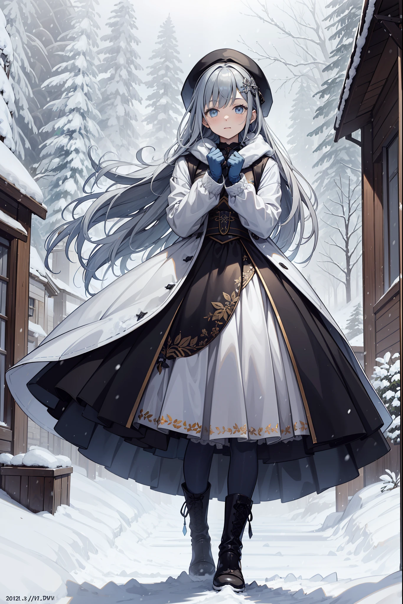 saints，divino，Solemn，(wintercoat:1.1)，Long boots，Long gloves，(Cotton coat)，(Winter hat:1.3)，(Lots of plush:1.1)，down jacket，(Silvery hair:1.1)，eBlue eyes，(Many ornaments made of ice:1.1)，Light gray edges，Light gray pattern，Maximalism，Ruffles，Lace，Delicate embroidery，Delicate pattern，(exquisite costumes)，The background is cold earth，solo person，Beautiful detailed face，(Wind and snow hit:1.1)