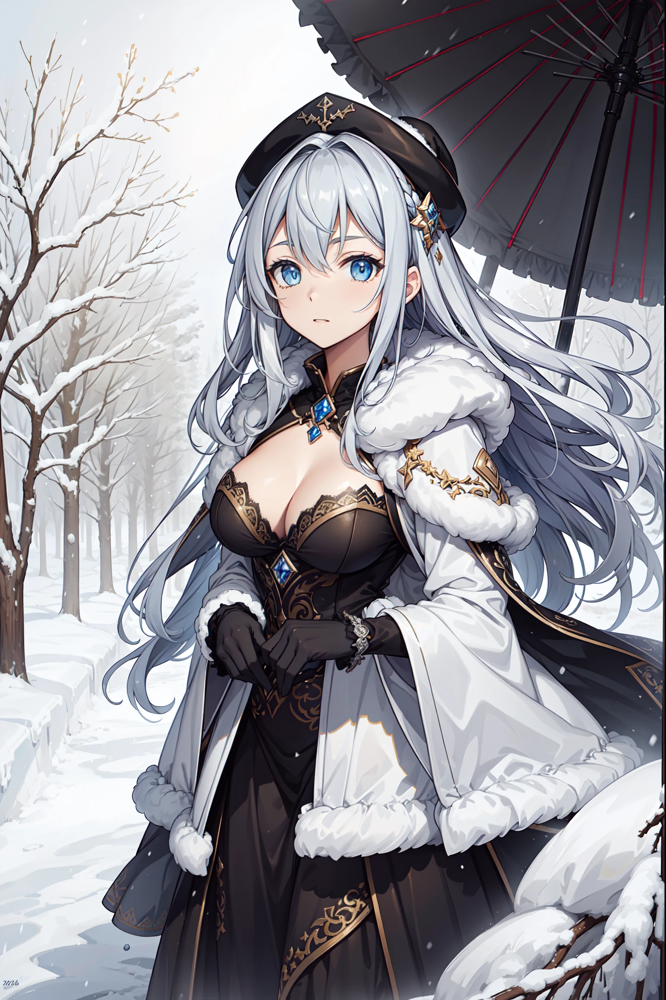 saints,divino,Solemn,(wintercoat:1.1),Long boots,Long gloves,(Cotton coat),(Winter hat:1.3),(Lots of plush:1.1),down jacket,(Silvery hair:1.1),eBlue eyes,(Many ornaments made of ice:1.1),Light gray edges,Light gray pattern,Maximalism,Ruffles,Lace,Delicate embroidery,Delicate pattern,(exquisite costumes),The background is cold earth,solo person,Beautiful detailed face,(Wind and snow hit:1.1)