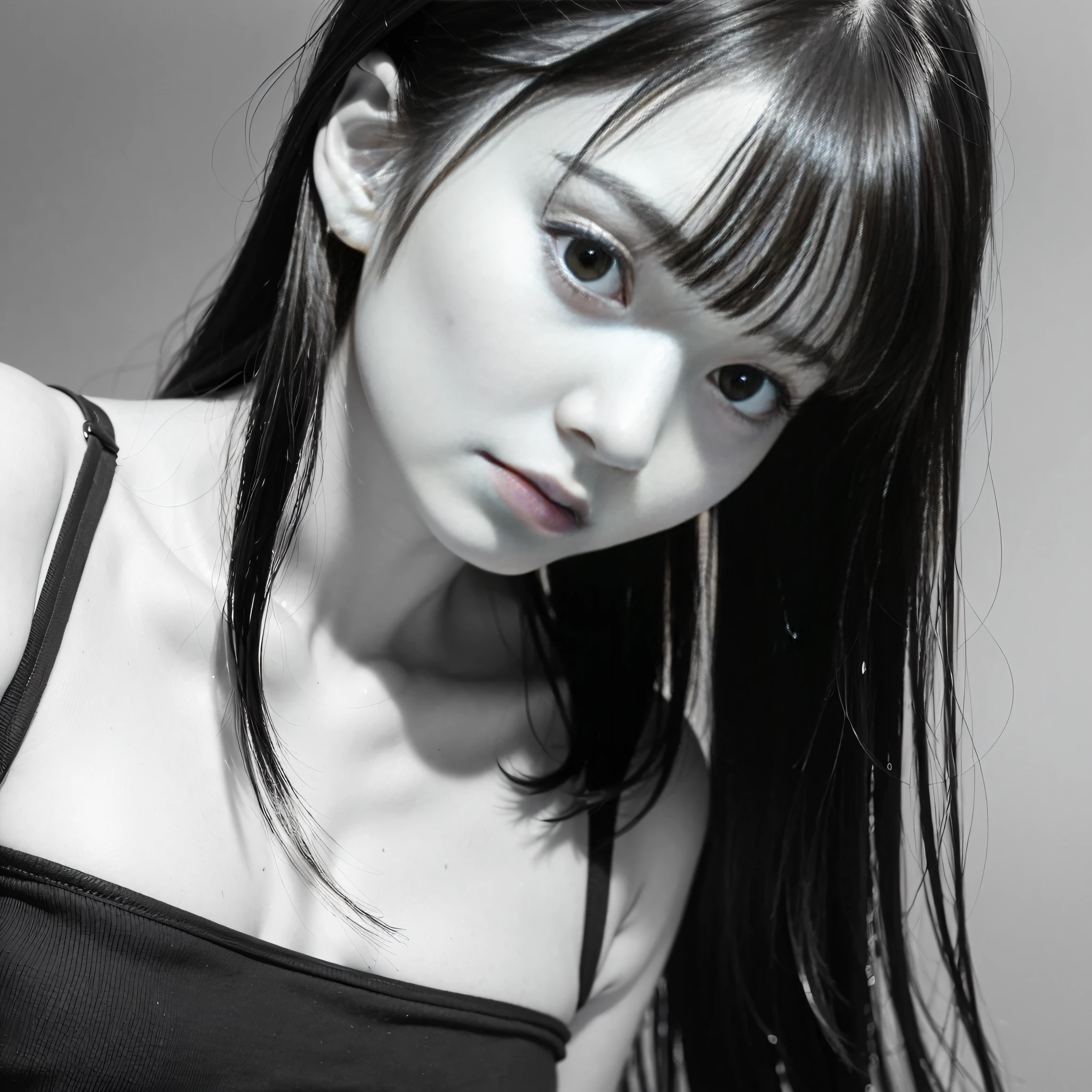 1人の女性、art photography、Close-up of the constriction、The upper part of the body、a closeup、Angle from the side obliquely、black-and-white、Like the Paris Collection model、(in 8K、Raw photography、top-quality、masterpiece:1.2)、(realisitic、photoRealstic:1.37)