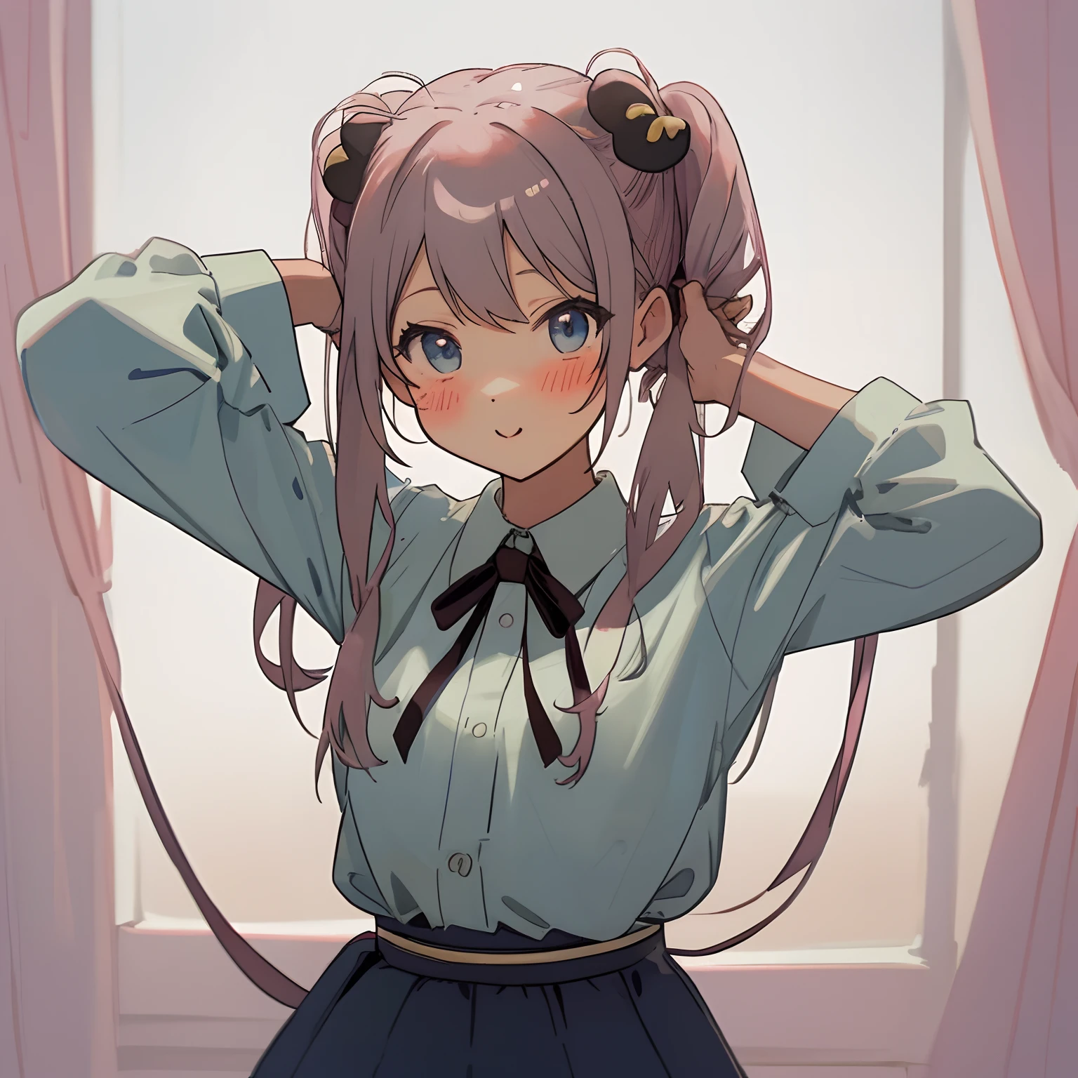 Twin-tailed Girl tying hair animesque illustratio