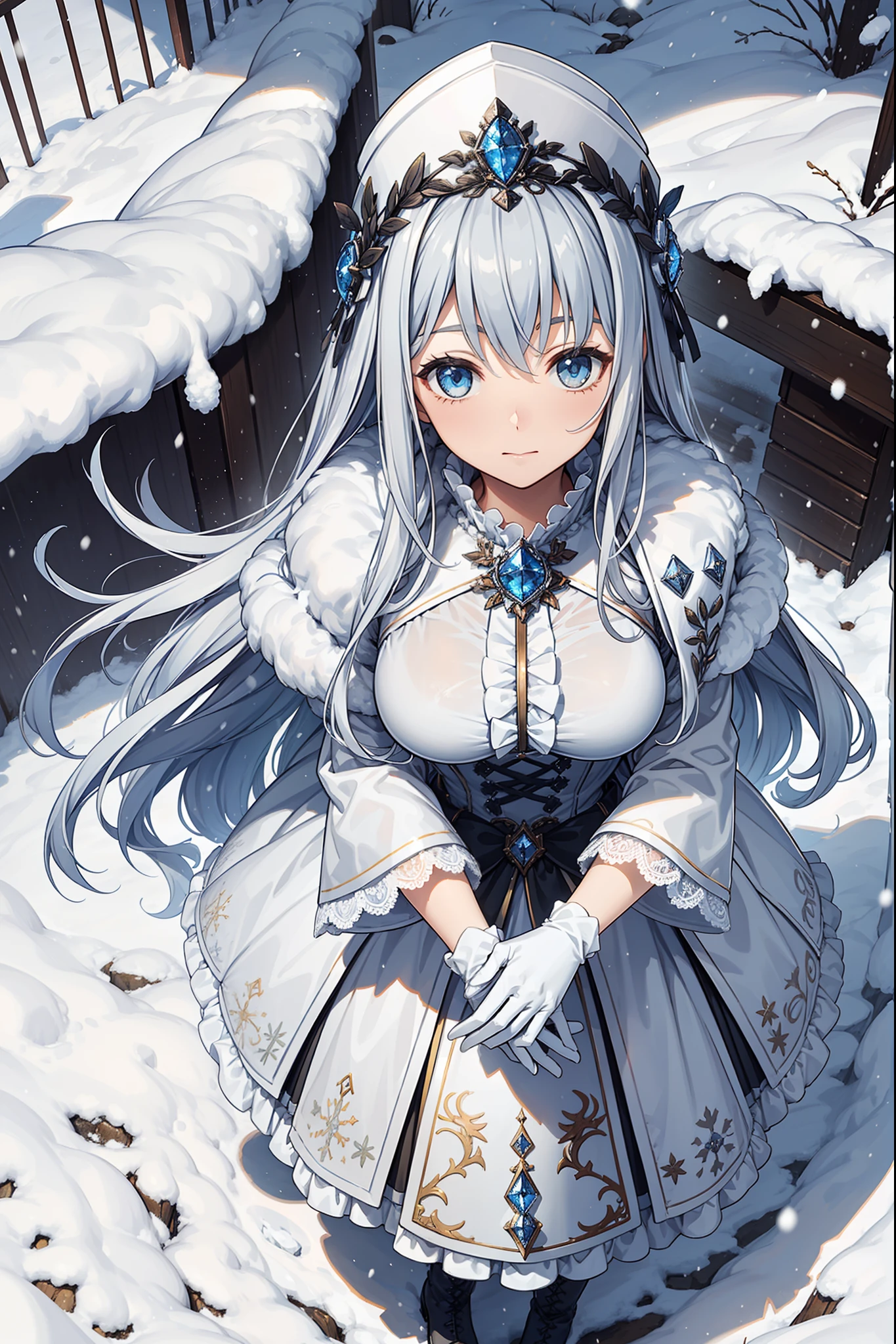 saints，divino，ellegance，gentleness(wintercoat:1.1)，Long boots，Long gloves，(Cotton coat)，(Winter hat:1.3)，(Lots of plush:1.1)，down jacket，(Silvery hair:1.1)，eBlue eyes，(Many ornaments made of ice:1.1)，Light gray edges，Light gray pattern，Maximalism，Ruffles，Lace，Delicate embroidery，Delicate pattern，(exquisite costumes)，The background is the cold earth，solo person，Beautiful detailed face，(Wind and snow hit:1.1)，enchanted