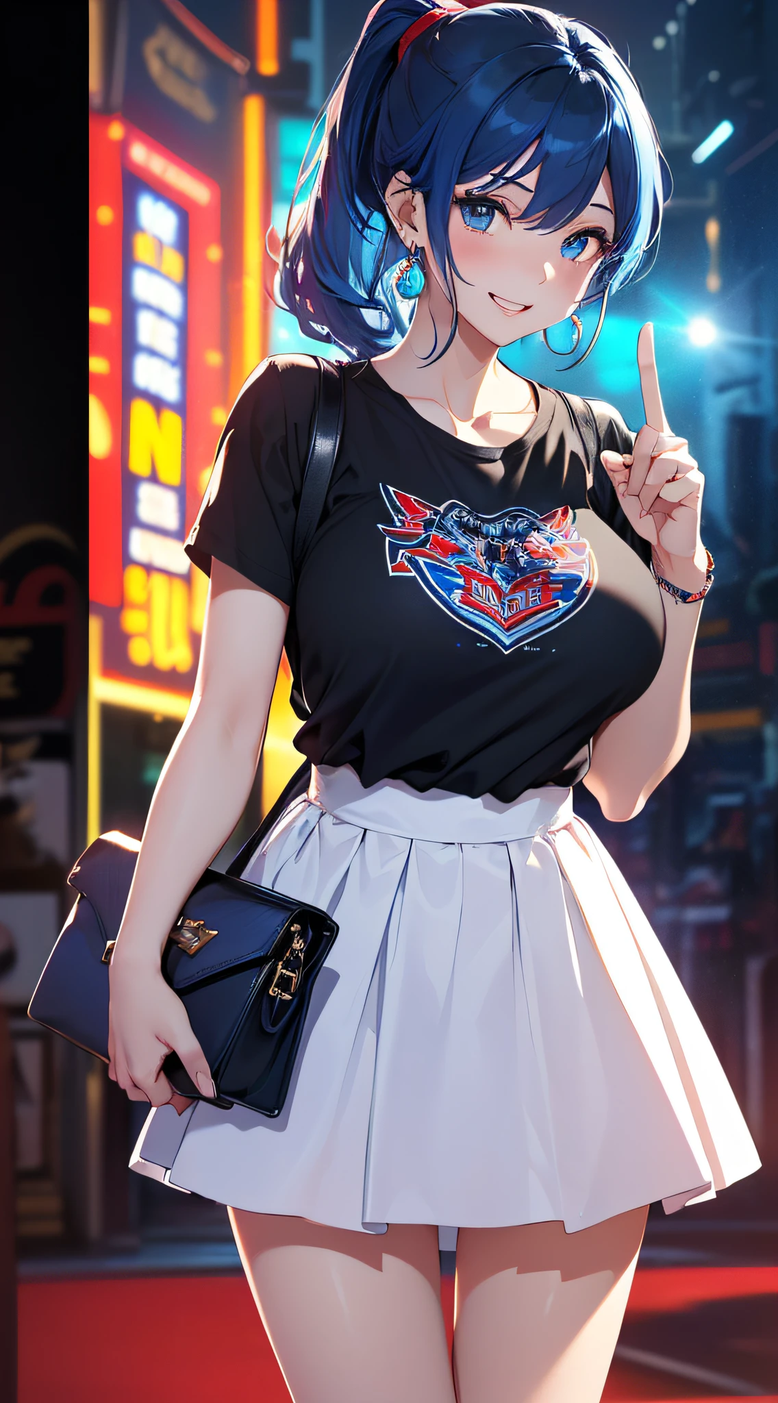top-quality、Top image quality、masterpiece、girl with((18year old、Best Bust、Medium bust、Bust 85,Beautiful blue eyes、Breasts wide open,Black Short Sleeve T-Shirt、White see-through、Black short skirt、Ponytail with black hair、laugh、Fashionable bags、Beautiful blue earrings、A slender、Height 175cm,Leaning forward、Blue hair mesh、V-sign with your finger))hiquality、Beautiful Art、Background with((Inside the cinema、Red and blue lighting)),masutepiece、Elaborate design、visualart、depth of fields、The best lighting、highestdetailed、