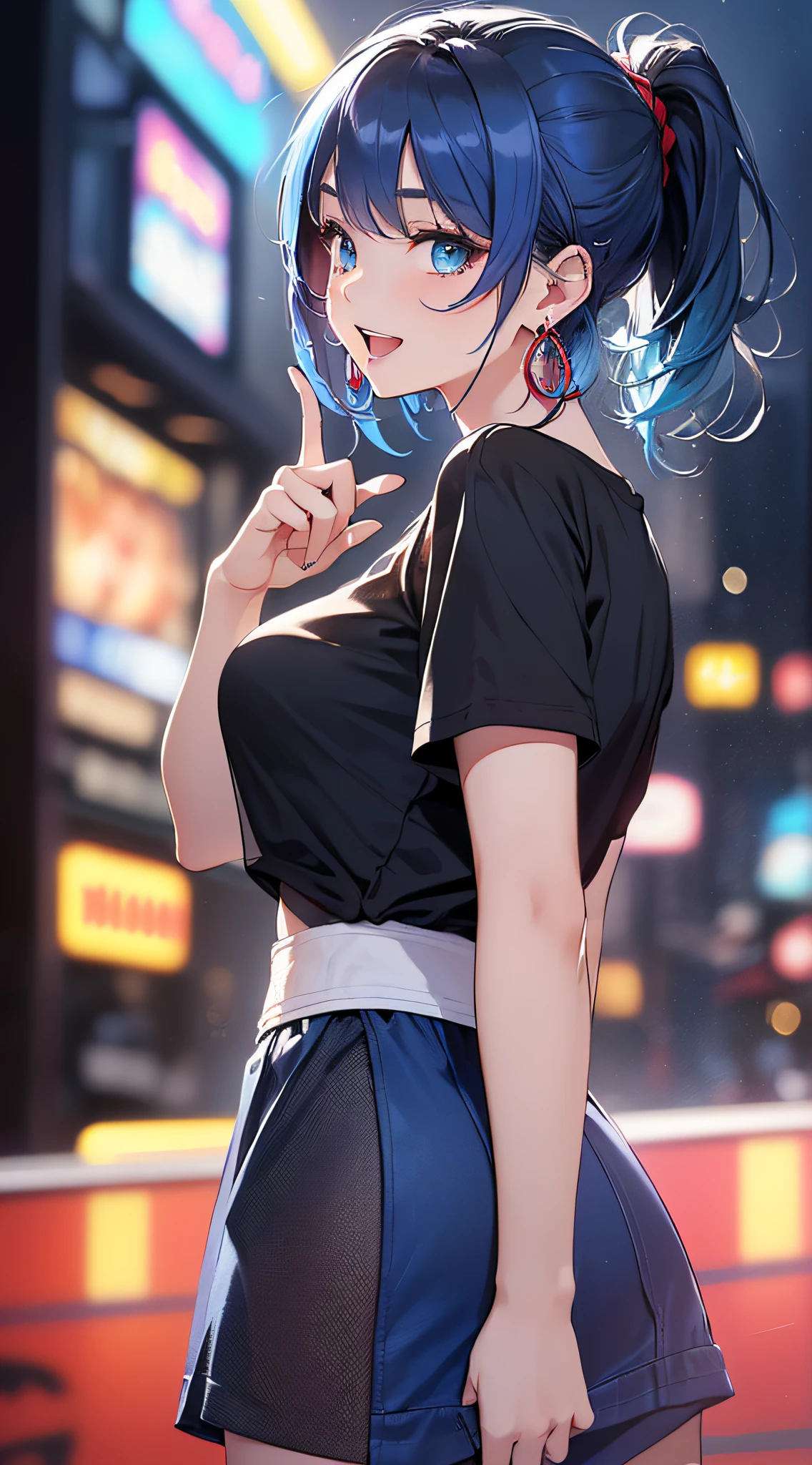 top-quality、Top image quality、masterpiece、girl with((18year old、Best Bust、Medium bust、Bust 85,Beautiful blue eyes、Breasts wide open,Black Short Sleeve T-Shirt、White see-through、Black short skirt、Ponytail with black hair、grin、Fashionable bags、Beautiful blue earrings、emphasis on the buttocks、A slender、Height 175cm,posterior view、Slouching posture、Blue-haired mesh))hiquality、Beautiful Art、Background with((Inside the cinema、Red and blue lighting)),masutepiece、Elaborate design、visualart、depth of fields、The best lighting、highestdetailed、