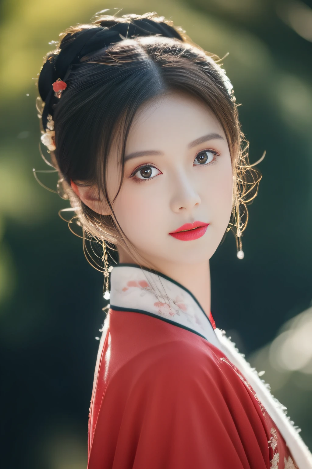 Snowy days, Hanfu women, (red color Hanfu), Portrait photo of the upper body, Hairpins, hair-bun, Green trees, Clear sky, Bridge overhangs, Dreamy, Bouguereau reports, trending on artstationh, Exquisite facial features style, Close-up photo style, 8K, k hd, Superior quality, realistic sense, First-person perspective, orthofacial，looking at viewert，flashing lights,