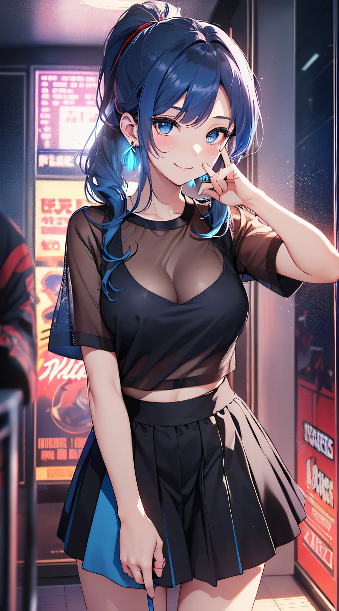 top-quality、Top image quality、masterpiece、girl with((18year old、Best Bust、Medium bust、Bust 85,Beautiful blue eyes、Breasts wide open,Black Short Sleeve T-Shirt、White see-through、Black short skirt、Ponytail with black hair、laugh、Fashionable bags、Beautiful blue earrings、A slender、Height 175cm,Leaning forward、Blue hair mesh、V-sign with your finger))hiquality、Beautiful Art、Background with((Inside the cinema、Red and blue lighting)),masutepiece、Elaborate design、visualart、depth of fields、The best lighting、highestdetailed、