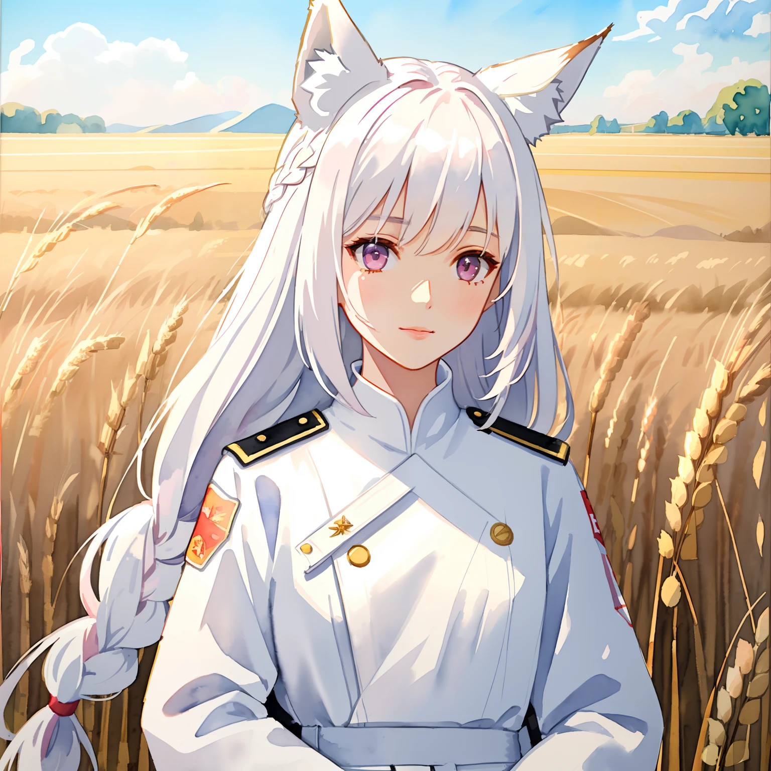 Female, petite, young adult, pink eyes, white hair, braid, white military trenchcoat, black jumpsuit, communist, (watercolor painting), high resolution, best quality, shadows, soft lights, impasto impressionism, (linear art), ((wheat field)), (((very detailed))), slight smile, white officer cap, ((only fox ears))