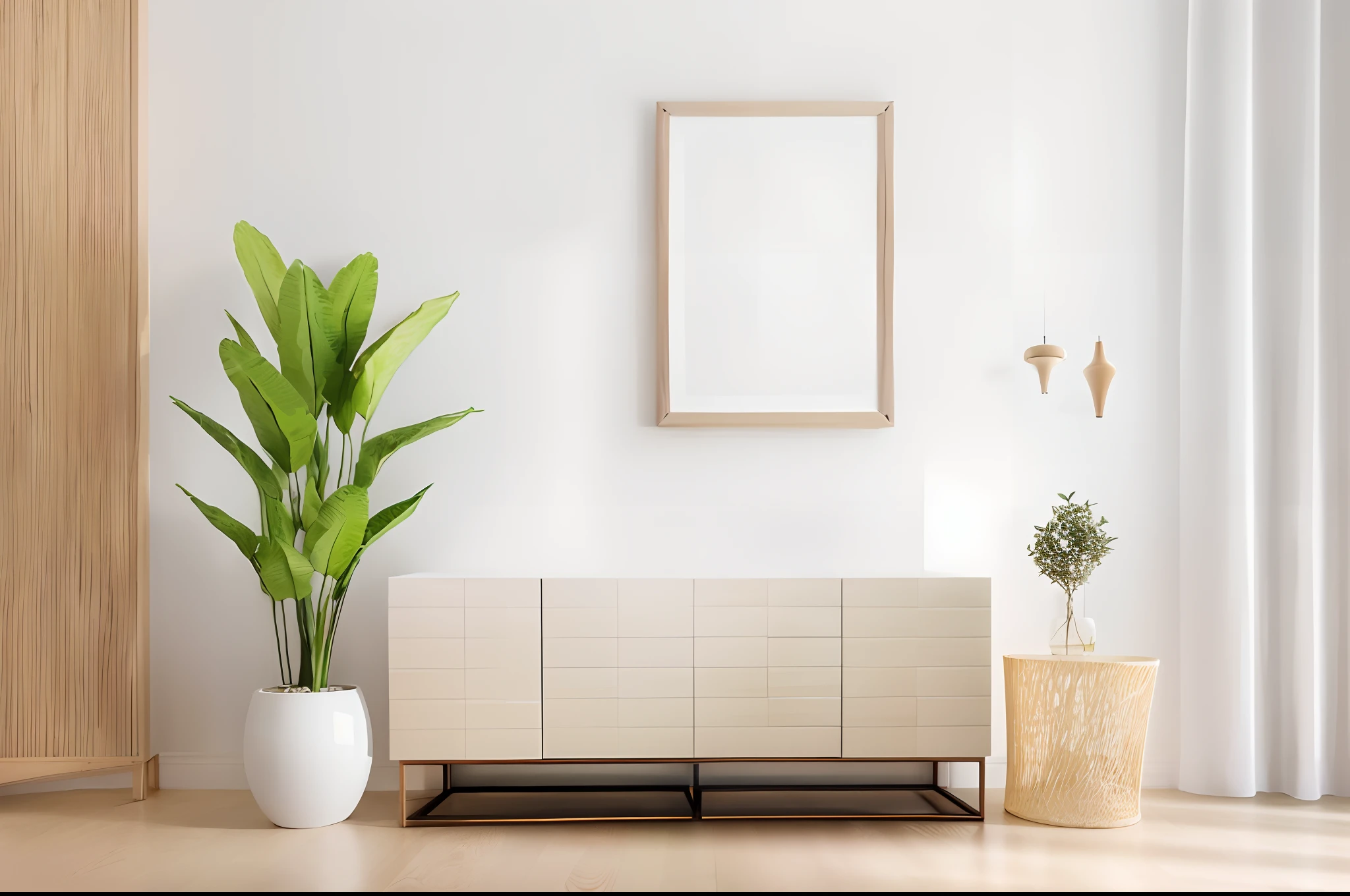 There's a plant in a pot next to a picture frame, Minimalist furniture, colocado em uma grande sala de estar, colocado em uma sala de estar, ambiente minimalista, design minimalista, furniture design, Foto interior brilhante da luz do dia, Furniture and decoration, creme - quarto colorido, white furniture, wooden cabinet, Arte minimalista, furniture photography, wooden furniture, areia - paredes coloridas