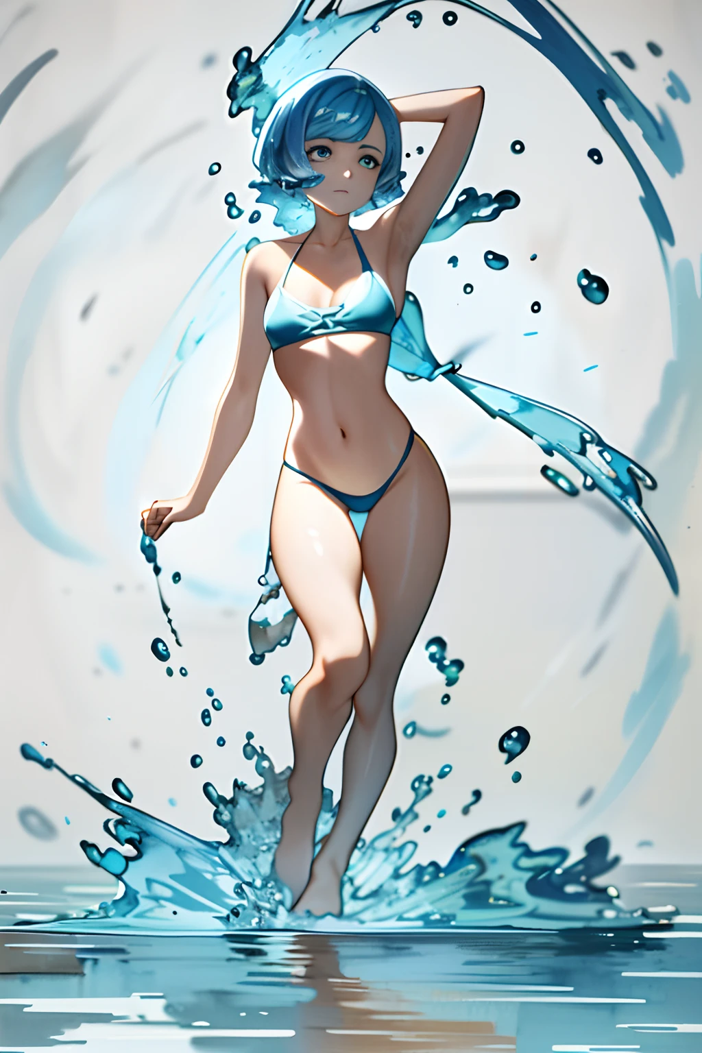 masterpiece, best_quality, 1girl, solo,slime, full body portrait of a girl as made of water, body made out of water, blue skin colour, hair made out of water, at a lake, turquoise hair depicting as waterfall, wet, drops of water on the face and body, natural body posture, symmetrical, abstract artstyle, intricate complex watercolor painting, sharp eyes, insanely detailed, intricate, high quality