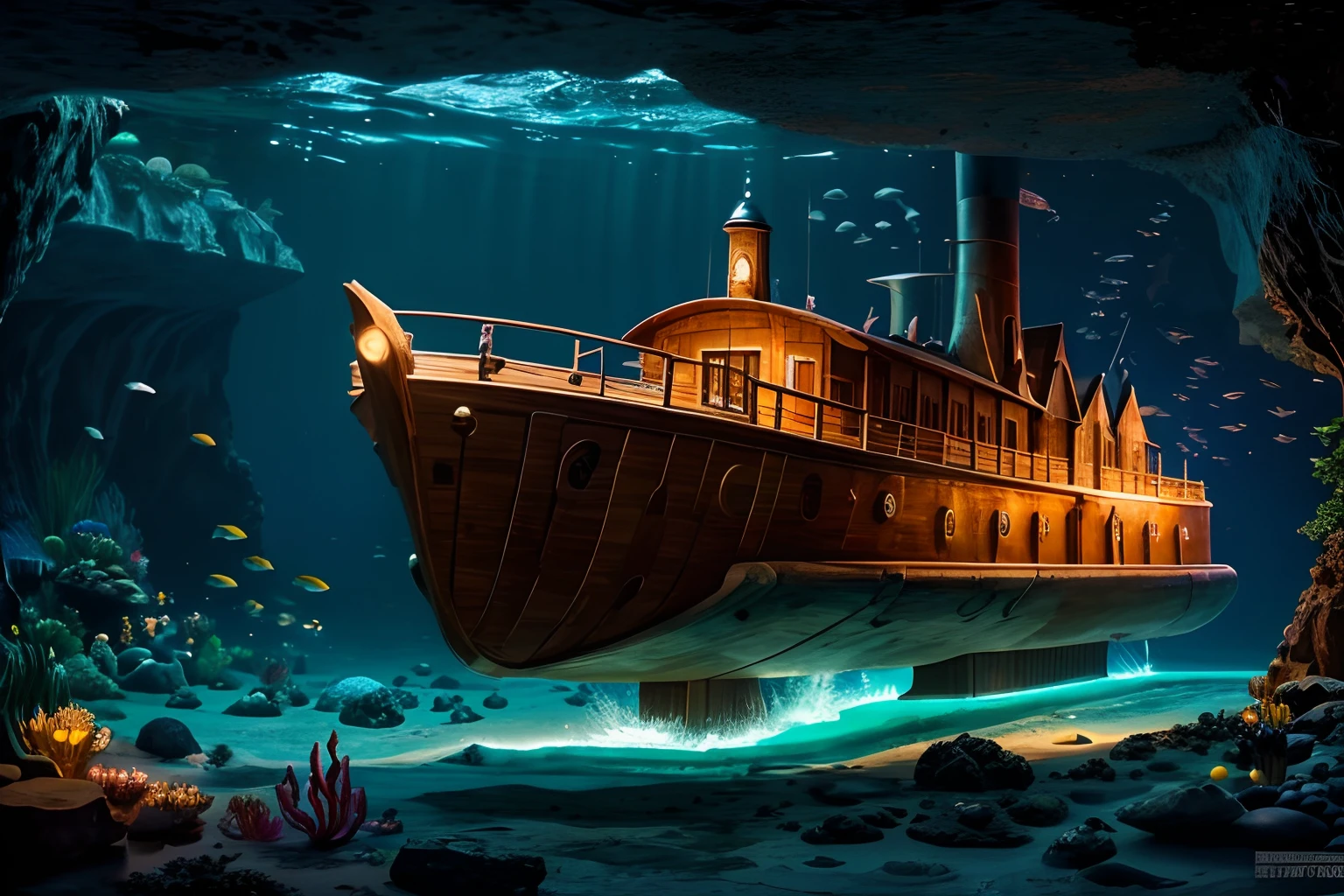 ancient world, Noah's Ark, wooden submarine, under sea, (ultra high detailed, 8K, masterpiece, top quality:1.1)