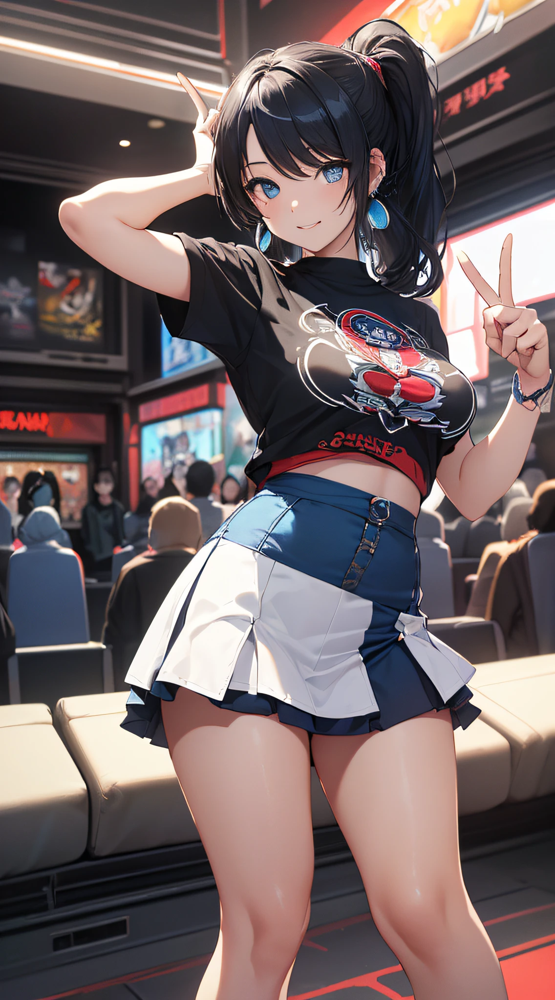 top-quality、Top image quality、masterpiece、girl with((18year old、Best Bust、Medium bust、Bust 85,Beautiful blue eyes、Breasts wide open,Black Short Sleeve T-Shirt、White see-through、Black short skirt、Ponytail with black hair、Laugh、Fashionable bags、Beautiful blue earrings、A slender、Height 175cm,Leaning forward、Blue Mesh、V-sign with your finger))hiquality、Beautiful Art、Background with((Inside the cinema、Red and blue lighting)),masutepiece、Elaborate design、visualart、depth of fields、The best lighting、highestdetailed、