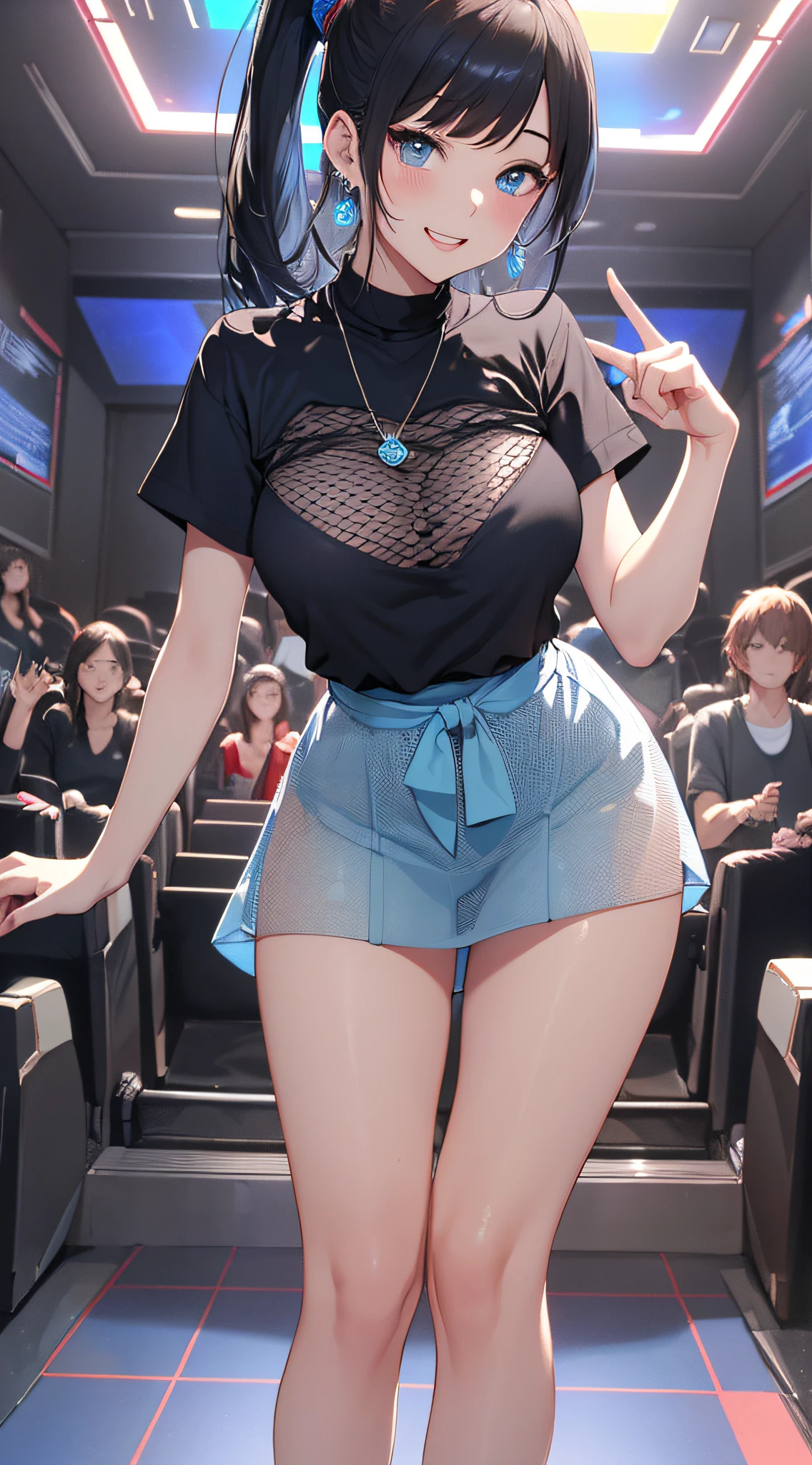 top-quality、Top image quality、​masterpiece、girl with((18year old、Best Bust、Medium bust、Bust 85,Beautiful blue eyes、Breasts wide open,Black Short Sleeve T-Shirt、White see-through、Black short skirt、Ponytail with black hair、Laugh、Fashionable bags、Beautiful blue earrings、A slender、Height 175cm,Leaning forward、Blue Mesh、V-sign with your finger)）hiquality、Beautiful Art、Background with((Inside the cinema、Red and blue lighting)),masutepiece、Elaborate design、visualart、depth of fields、The best lighting、highestdetailed、