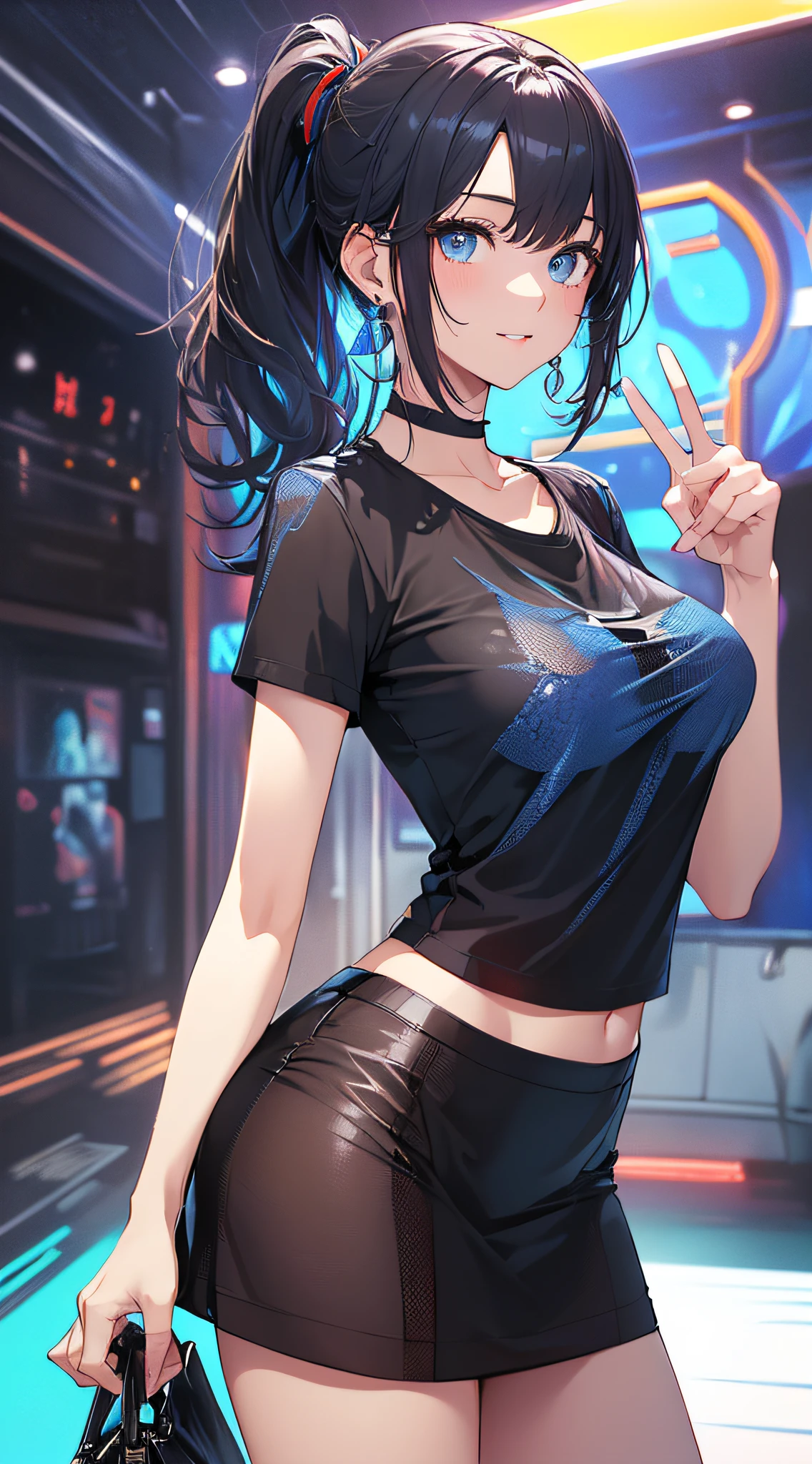 ((Masterpiece)), best quality, absurderes, ultra detailed, holographic, cowboy shot, dynamic pose, golden ratio, super cute girl, mature girl, extremely beautiful, super beautiful asian girl with super beautiful brown shiny eyes, super petite and sexy body, super beautiful legs, super beautiful brown multicolored short hair, high ponytail, shiny and super beautiful skin, nice and sexy body, slim and delicate body, perfect body, wearing a super tight black short sleeve crop top, bare shoulders, super tight translucid black leggings, hot panties, fox hairband, being photographed in a popular kawaii food court