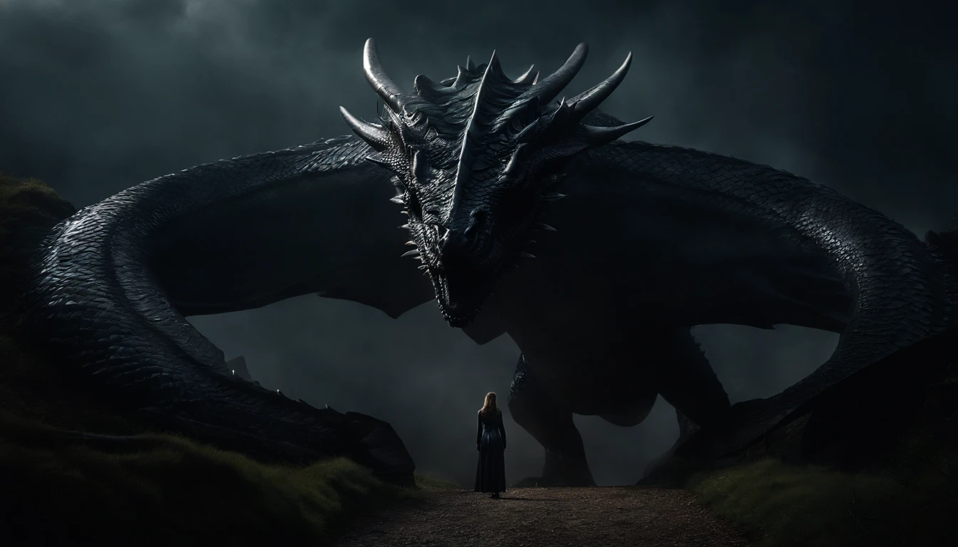 Upper body shot of a woman dressed in latex leotard in the foreground, a giant dragon on the background, dark atmosphere, epic aesthetic, lord of the rings aesthetic, wallpaper, ultra detailed, photorealistic, masterpiece.