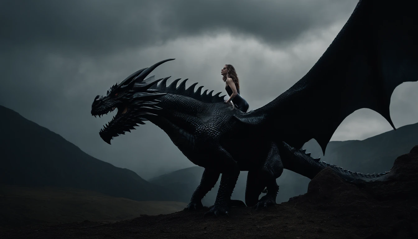 Create a real image of a black-eyed, black-haired girl riding a dragon, with a dress, with the theme of game Of thrones