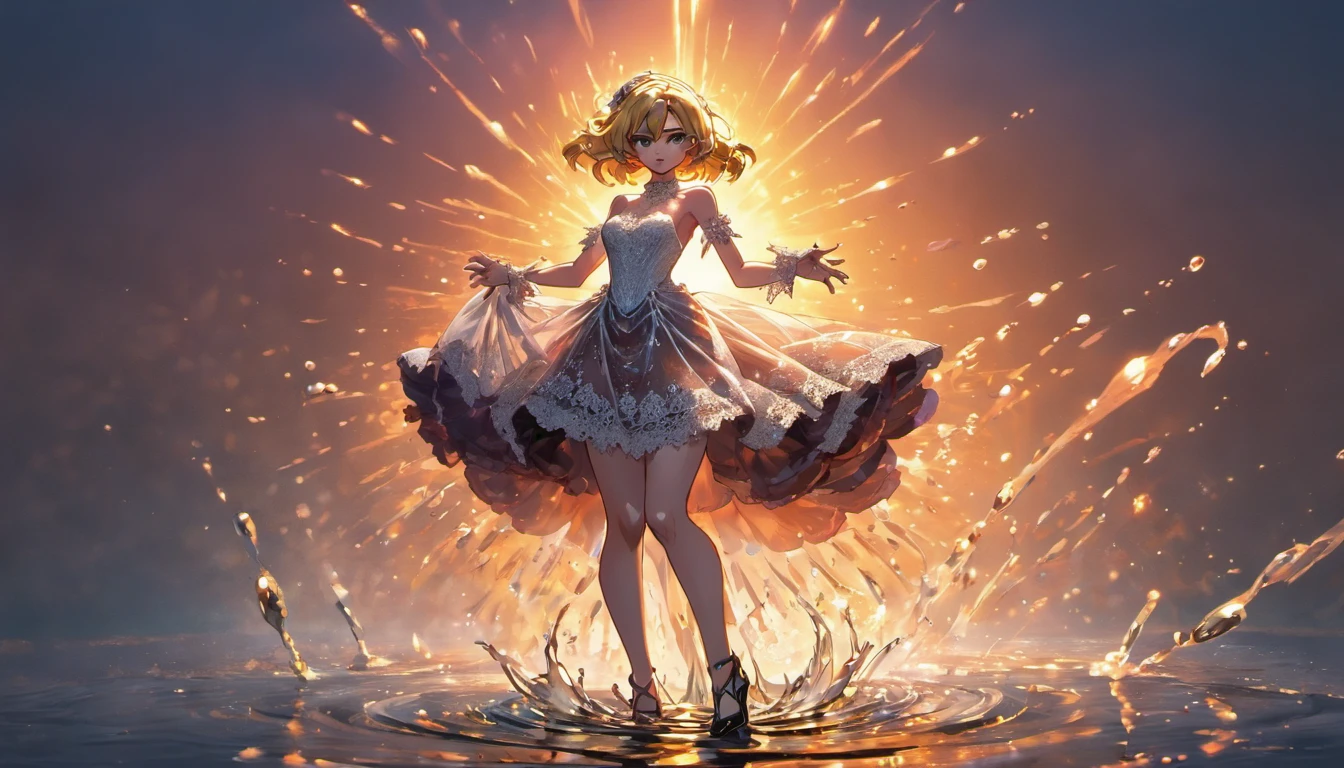 ((Masterpiece)), ((Top quality)), ((High quality)), Girl, (Full body), (Standing on water), (Lace dress), Wedding dress, Jewelry decoration, Glass high heels , grains of light, backlight, mysterious, elegant, (sunrise)