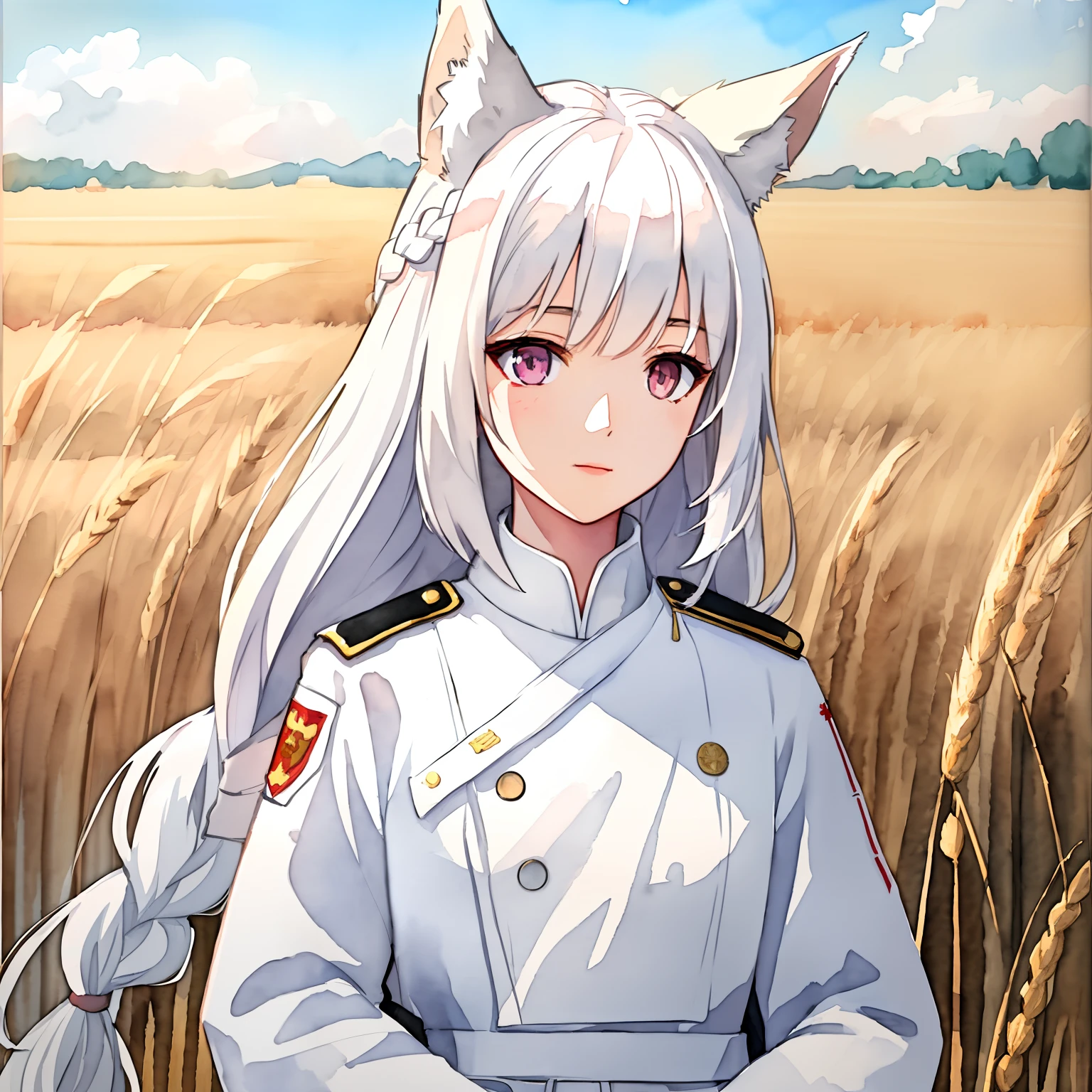 Female, petite, young adult, pink eyes, white hair, braid, white military trenchcoat, black jumpsuit, communist, (watercolor painting), high resolution, best quality, shadows, soft lights, impasto impressionism, (linear art), ((wheat field)), (((very detailed))), slight smile, white officer cap, ((only fox ears))