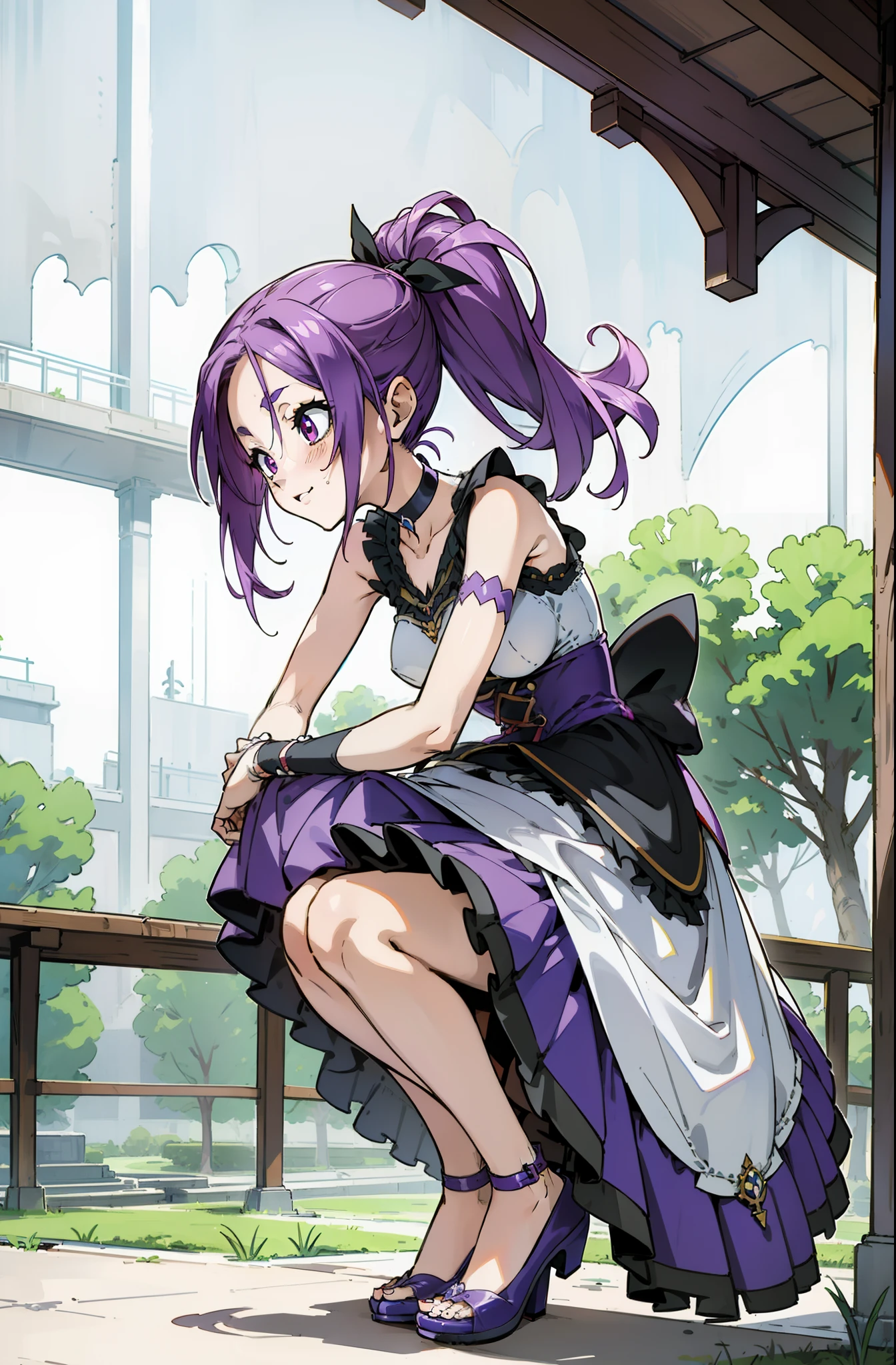 Colorful, Up-close, purple color hair, Ultra-realistic hair quality, Vibrant colors, Young Girl, 14years old girl, Beautiful long hair, Shiny hair, detailed hairs, Hair Ribbon, Single-sided up, left ponytail, Reo Mikage, Blue Lock, no sleeves, Sleeveless, open shoulders, Cinderella, drawing, Cinderella with panniers, Cinderella Dress, Lace dress, long dress, white stockings, stockings, Chest exposure, Lace underwear, Metamorphosis is exposed, buckle, Choker, Black Choker, complete fingers, Five Fingers, Two arms, Two hands, The tattoo, body tattoo, arm tattoos, Blue Rose Tattoo, Tattoo on the wrist, Tattoo on the thigh, Relative area, Sexy breasts, Big breasts, red blush, 1girl in, Solo, Sharp face, Heterochromia, Green eyes, Purple eyes, Bare neck, Happy face, light smile, skirt in dress, pannier in dress,sitting on the grounds, Scenery of Shanghai, Castles, crouching down, bare foot, sandals, masutepiece, Ultra-detailed, Hyper-detailing, anime, anime style, Best Quality