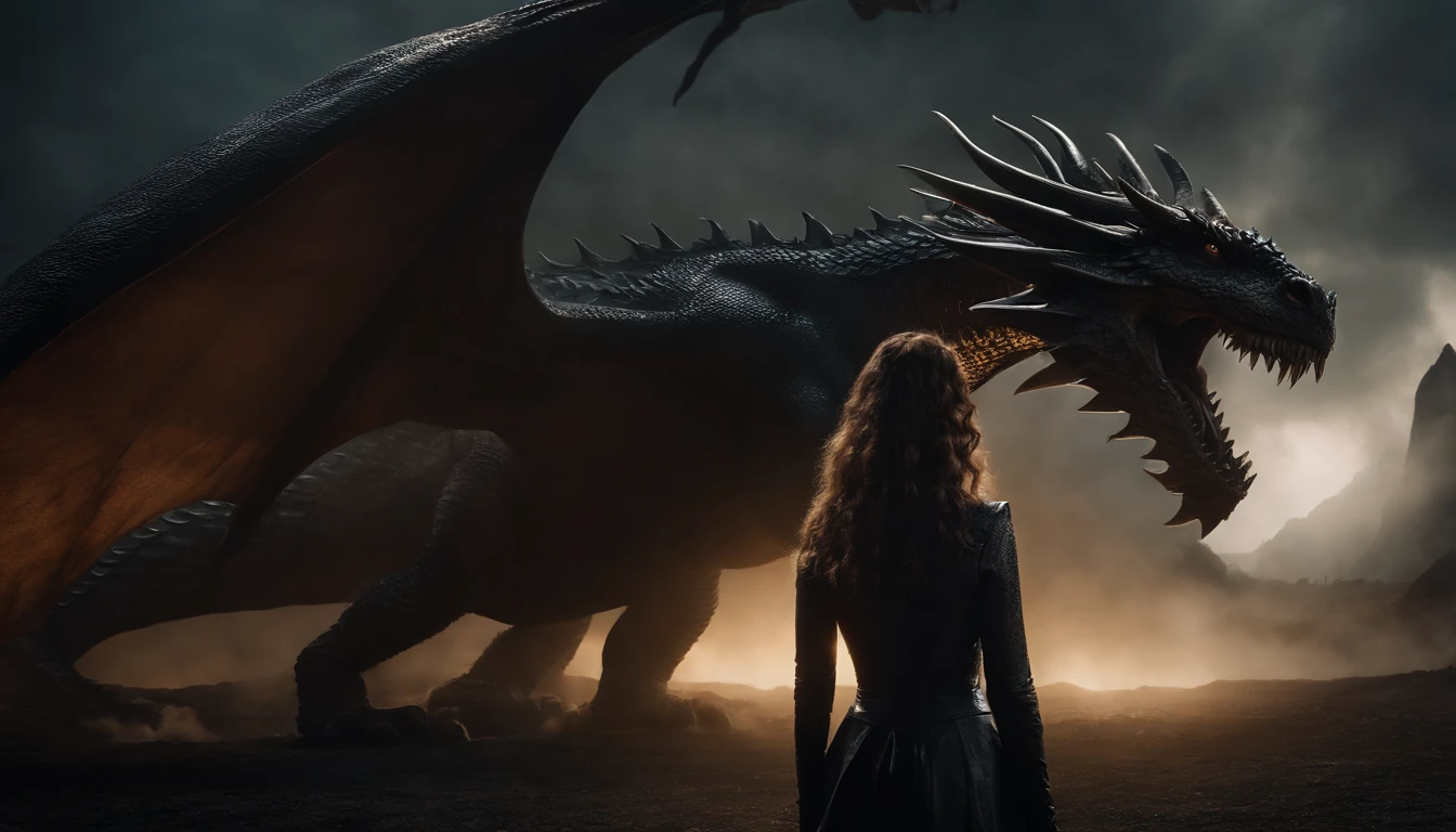 Upper body shot of a woman dressed in latex leotard in the foreground, a giant dragon on the background, dark atmosphere, epic aesthetic, lord of the rings aesthetic, wallpaper, ultra detailed, photorealistic, masterpiece.