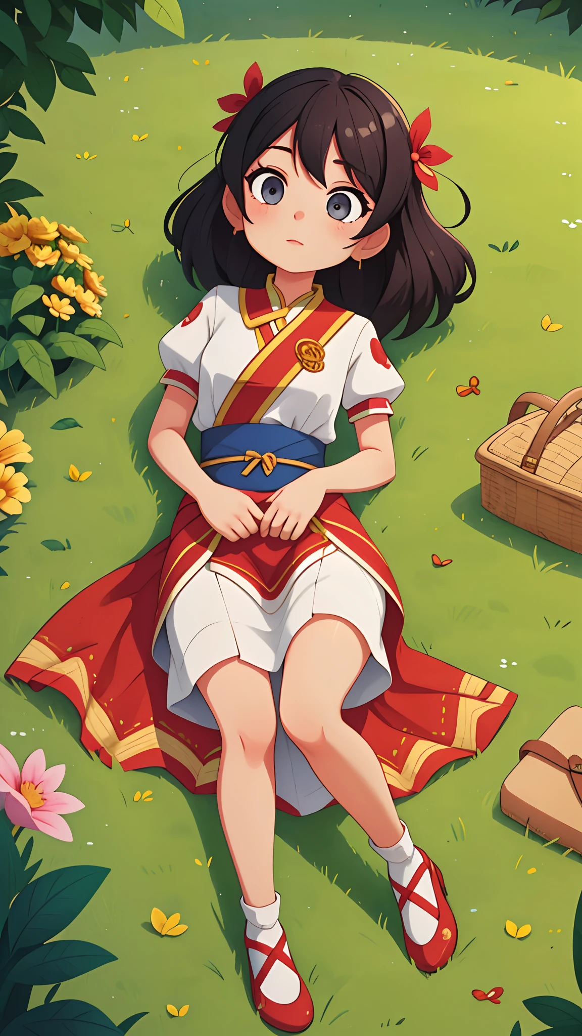 girl with、Lying on the lawn of the park、full body Esbian、Traditional costumes、Distinctive ethnic hair ornaments、Characteristic ethnic shoes