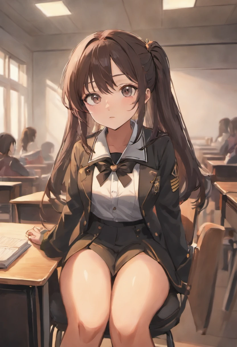 a beautiful Korean girl in uniform long black brown hair, in glasses sitting at chair in classroom and a tall , mash cut hairstyle , no bra under clothes , pussy visible , wet pussy  , cum in pussy , cum dripping from pussy , spread legs  , handsome Korean boy stare her at the chair from front