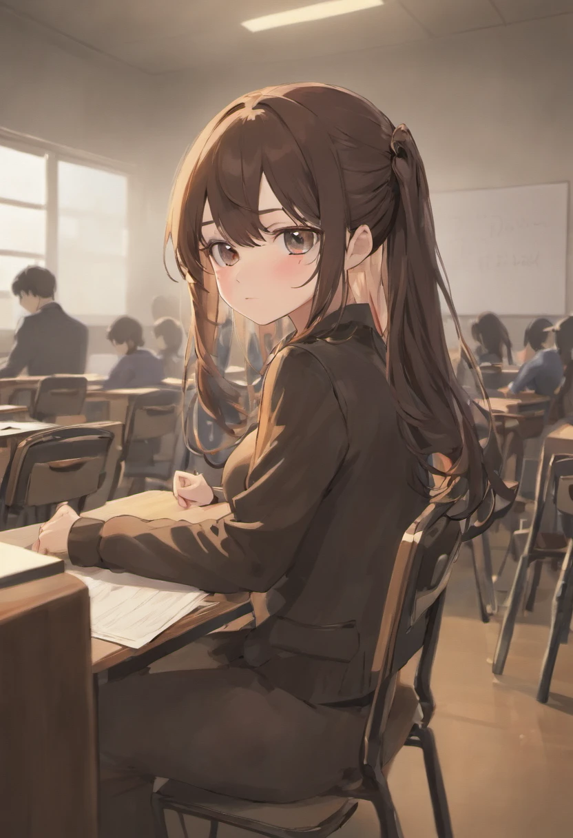 a beautiful Korean girl in uniform long black brown hair, in glasses sitting at chair in classroom and a tall , mash cut hairstyle , no bra under clothes , pussy visible , wet pussy  , cum in pussy , cum dripping from pussy , spread legs  , handsome Korean boy stare her at the chair from front