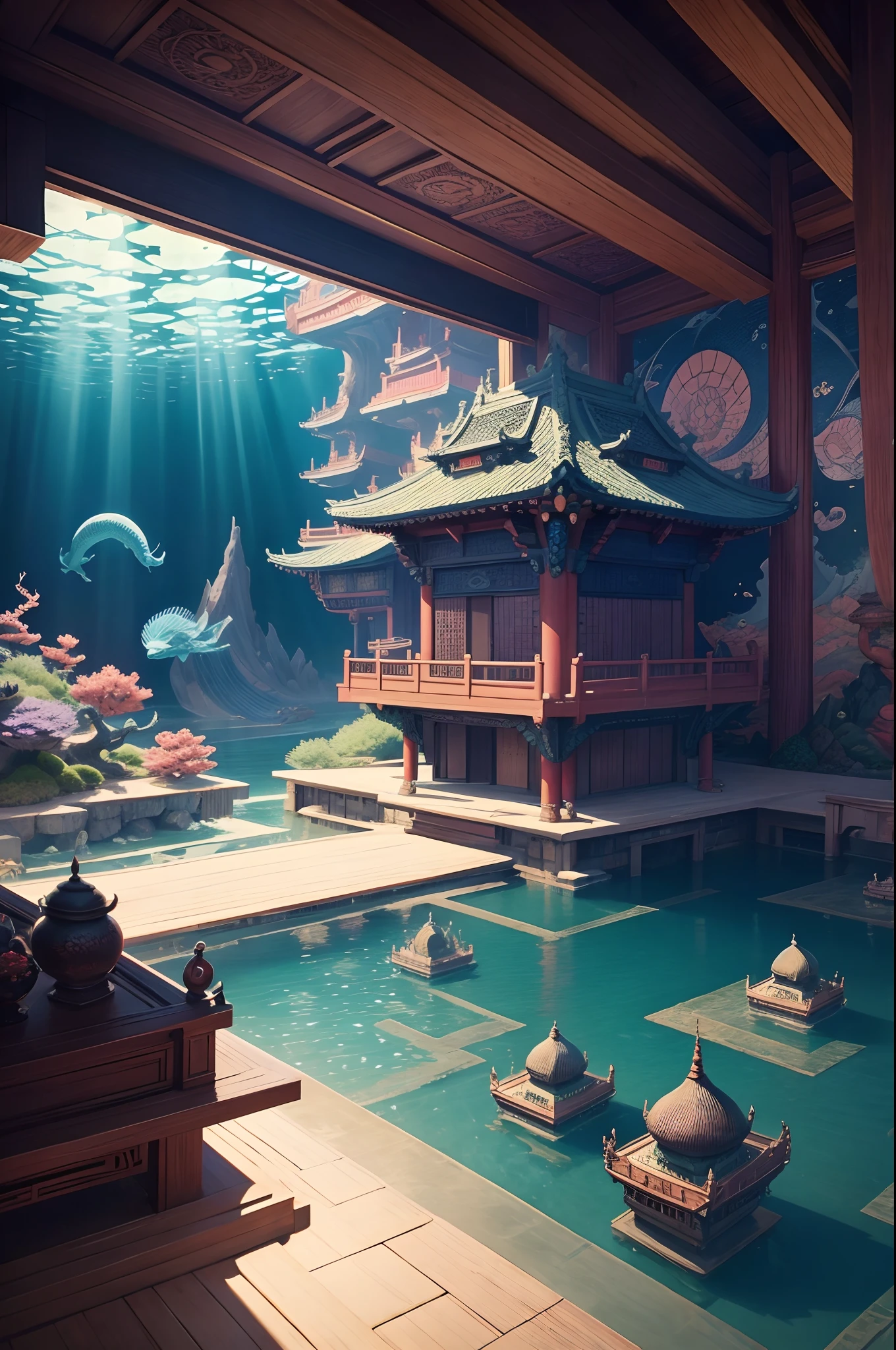 Dragon Palace, Underwater view, soft light, backlit, Fantasy, Surrealism, Hokusai Katsushika