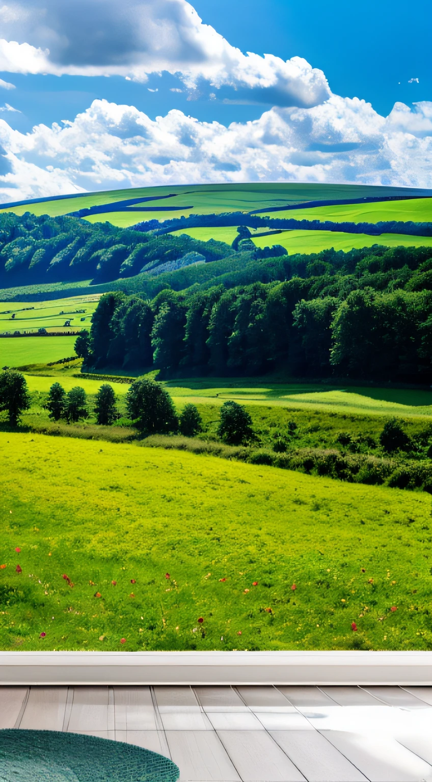 steppe landscape，blues sky and clouds,  green forest, Dingdall effect，a country road，Colorful hot air balloons，high quality desktop wallpaper, verdant forest, detailed fields nature, beautiful english countryside, Stunning landscape, Rolling hills, Landscape wallpaper, lush countryside, Patches of green forest, breathtaking landscape, green fields in the background, High quality wallpaper, Beautiful wallpaper