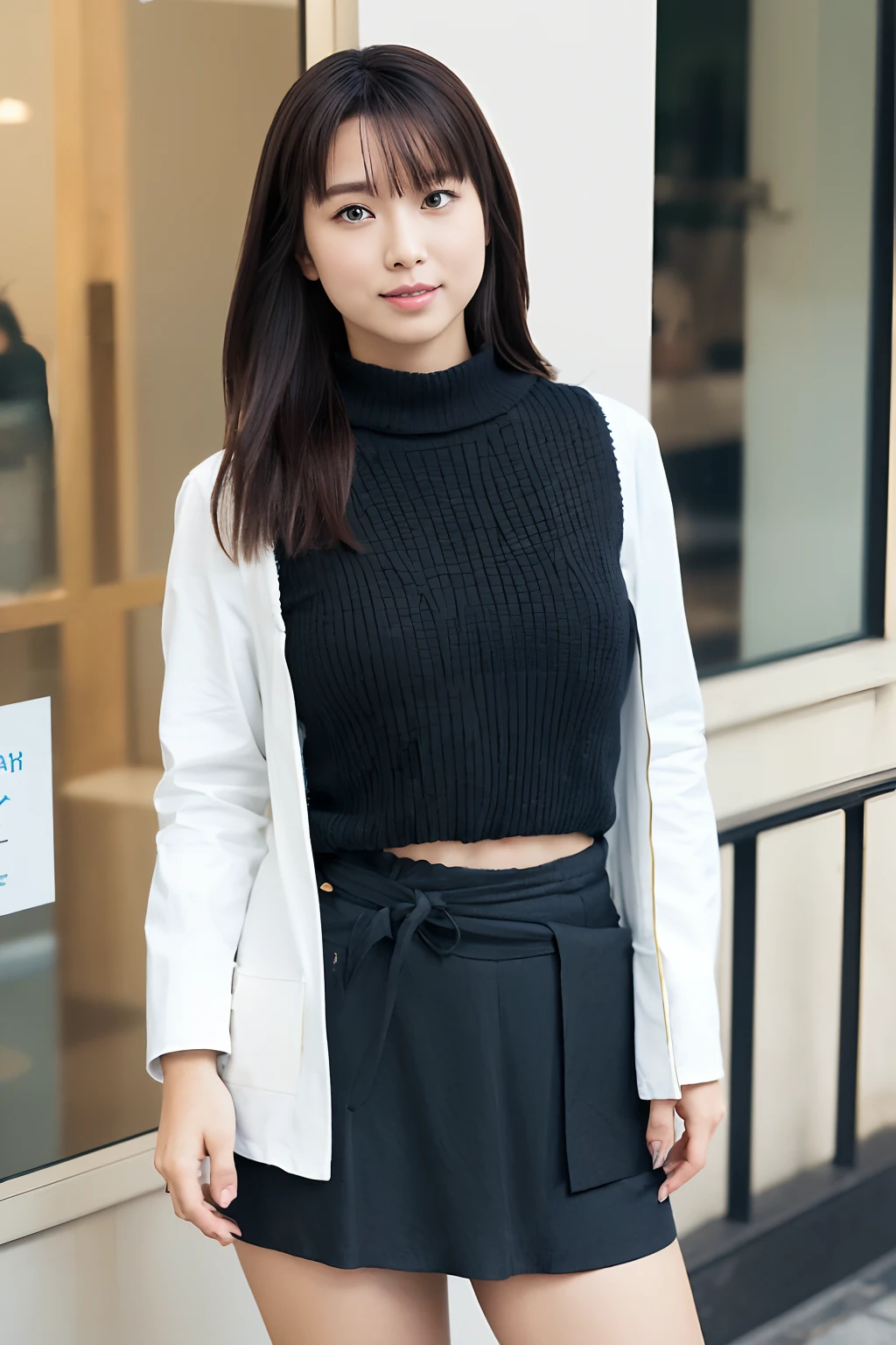 (realisitic、Photorealsitic:1.37)、(masterpiece、top-quality:1.2)、(超A high resolution:1.2)、(Raw photography:1.2)、(foco nítido:1.3)、(Face Focus:1.2)、(Ultra detailed CG unified 8k wallpaper:1.2)、(Beautiful skin:1.2)、(pale-skinned:1.3)、(hyper-sharp focus:1.5)、(Ultra Sharp Focus:1.5)、(Beautiful clean face:1.3)、(Ultra detailed backgrounds、detailedbackground:1.3), bokeh dof、depth of fields、BREAK、 Very cute and beautiful Japan women pictures、(22year old:1.1)、Portrait of a girl with a bright smile、((Full body shot:1.2))、Curvy body type:1.4、thicc thighs:1.4、gargantuan butt、long legged、Wearing thin white short curtains、curvy body、huge-breasted:1:4、Show thighs:1.6、(Fashionable clothes for autumn Clothes fall into a tight miniskirt above the knees The skirt is black for a modern impression:1.6)