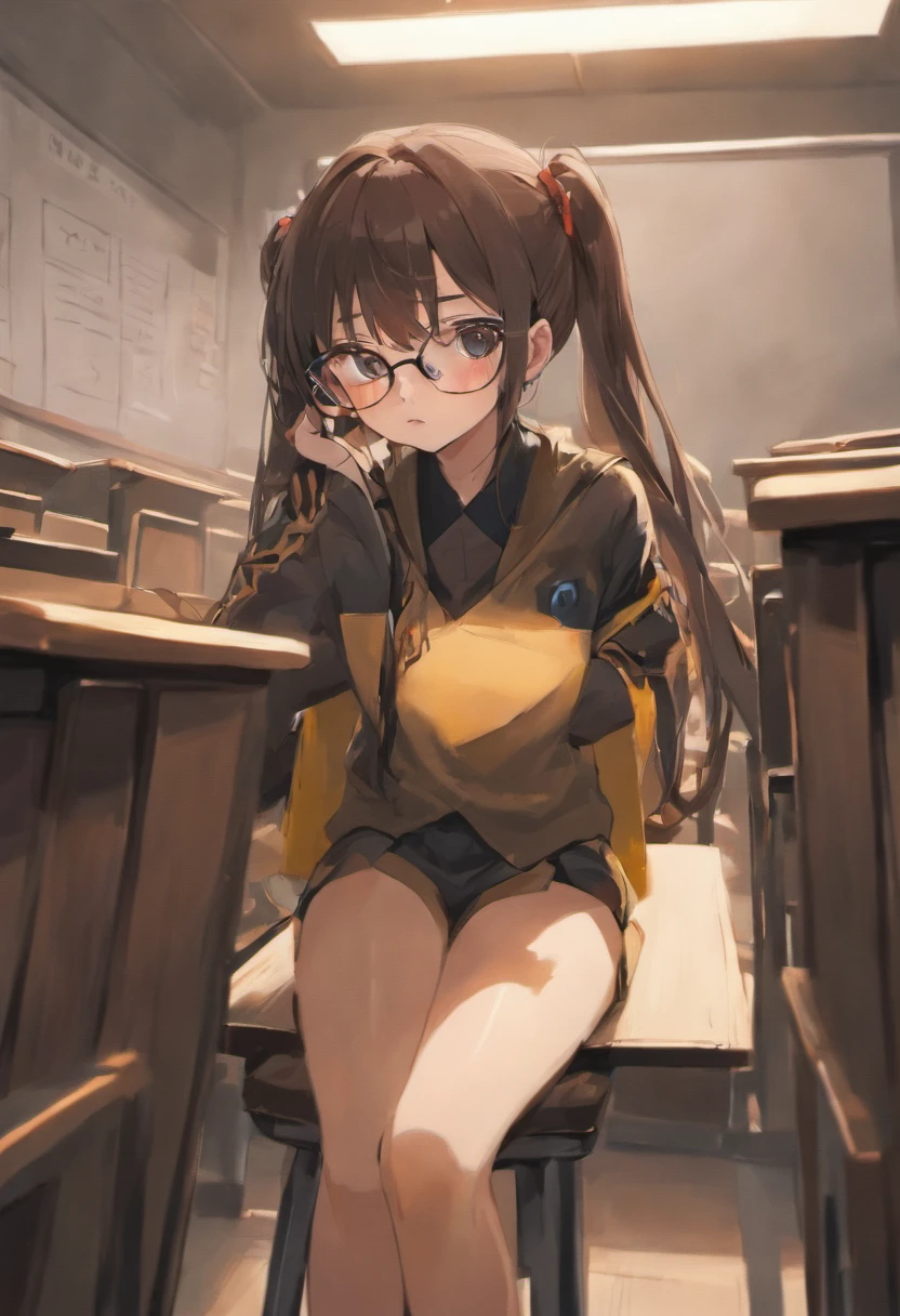 a beautiful Korean girl in uniform long black brown hair, in glasses sitting at chair in classroom and a tall , mash cut hairstyle , no bra under clothes , visible , wet , cum in , cum dripping from , spread legs , handsome Korean boy stare her at the chair from front, nsfw,