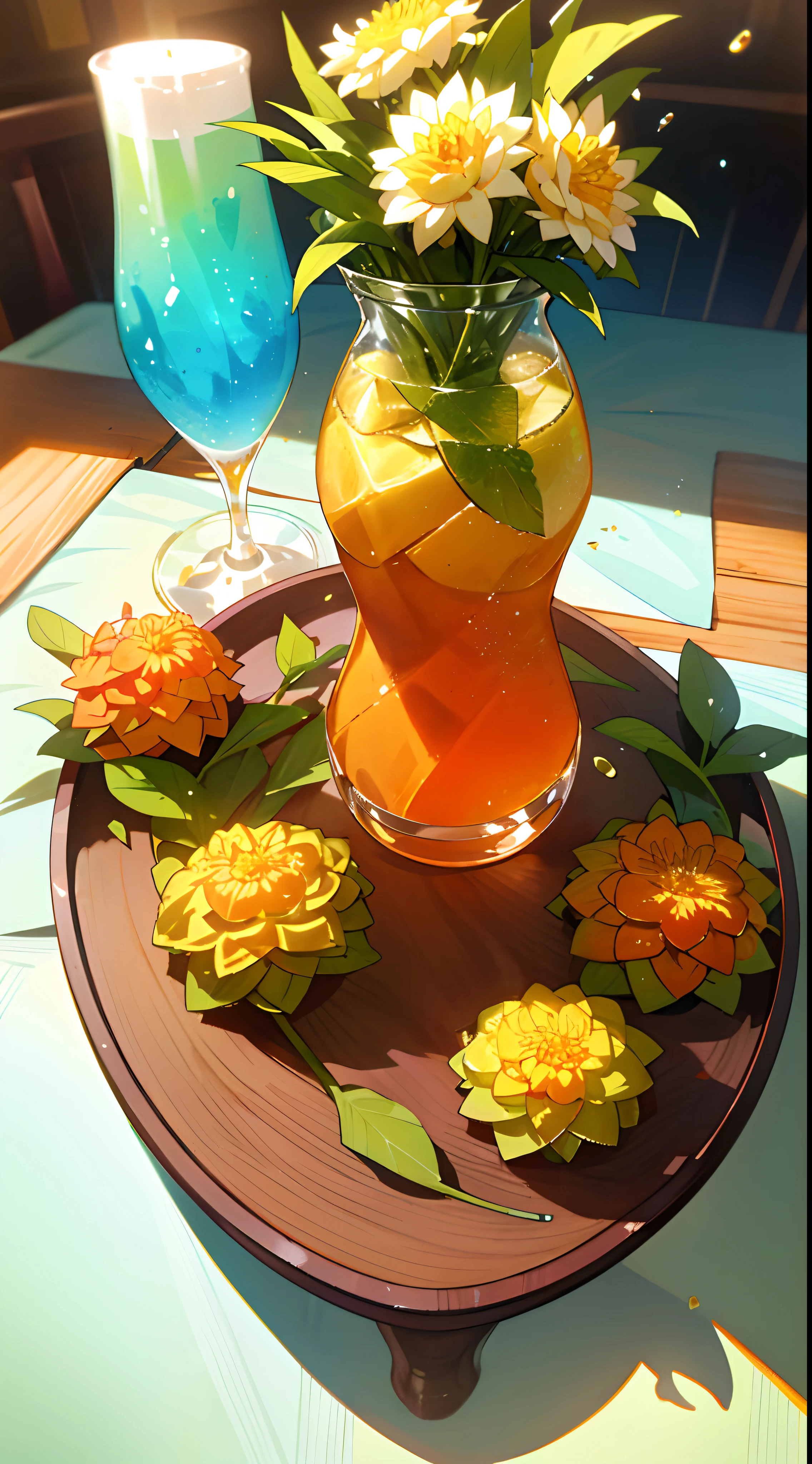 in autumn、Sweet Potato Drink、glass、Served with dahlia flowers、Good looking glasses、Perfect glass、Sparkling water、Blue to green gradient、mint、Place the lemon on a wooden tray、I put a couple of dahlia flowers next to it