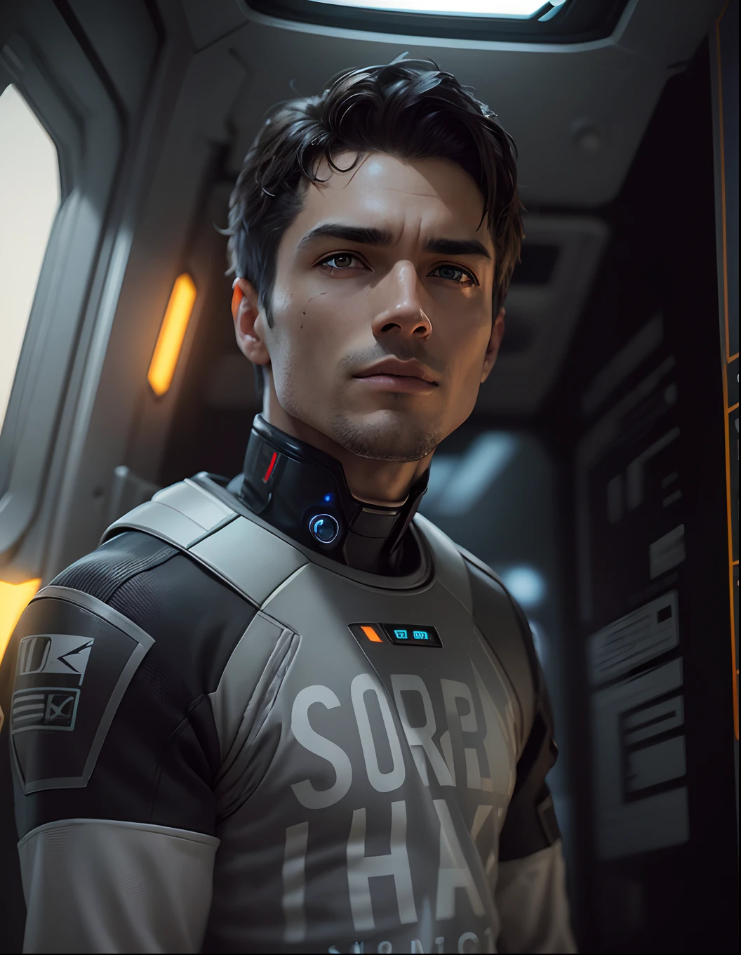 fking_scifi, award-winning photo of a man, black flight suit with yellow accents, brown hair, (gray eyes:1.35), square jawline, asymmetric face, standing in front of a window on a space ship, 80mm, bokeh, mass effect, close up, fking_cinema_v2