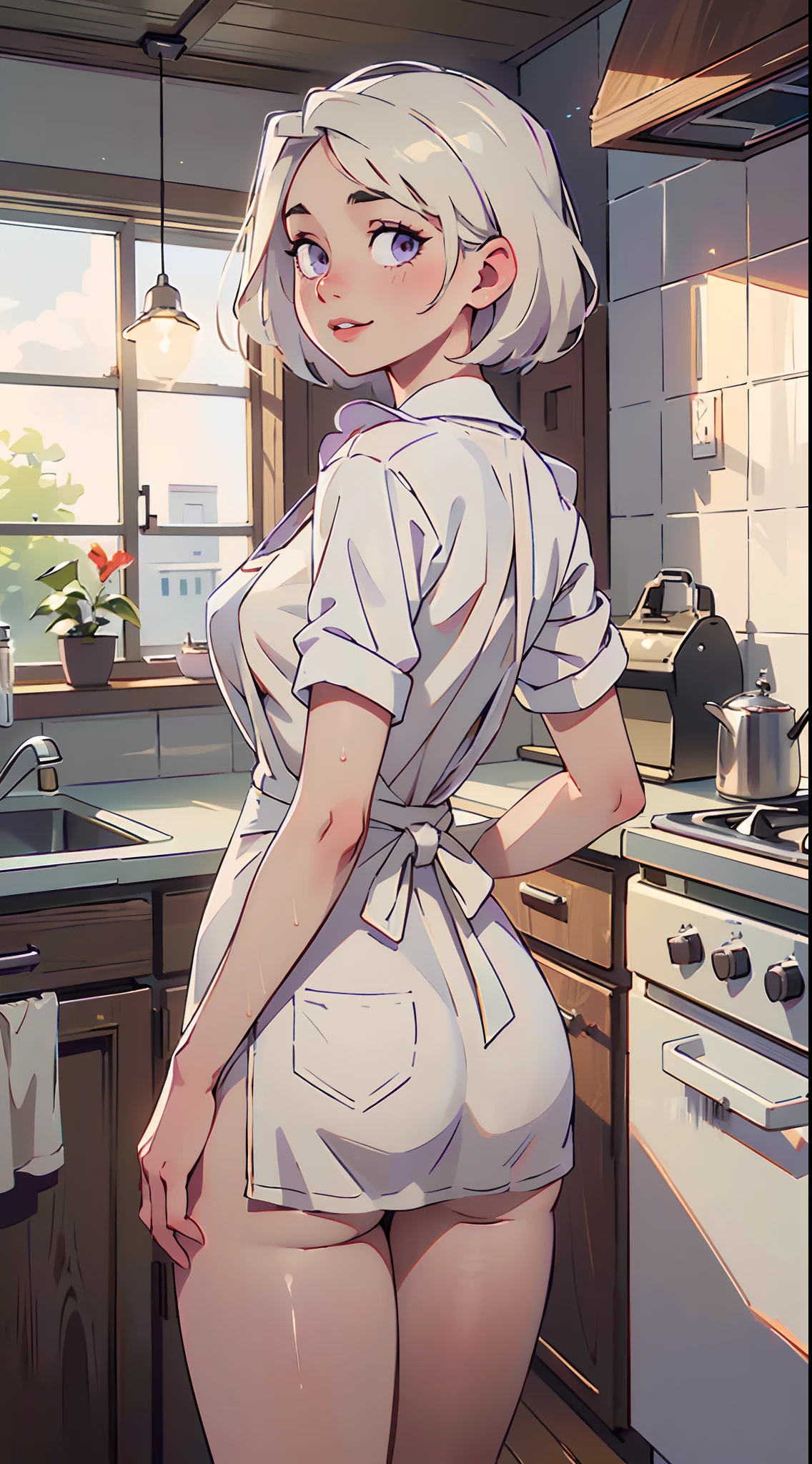 ((((masterpiece, best quality, high resolution)))), Extremely detailed 8K, Beautiful girl with slender body, (Ultra HD, Ultra-detailed, Highly detailed, Highly realistic, Ultra-realistic, photograph realistic), (1girl:1.5), (Realistic white hair), short wavy hair, bob cut, (dynamic poses), facing at camera, light smile, parted lips, (purple eyes: 1.5), (large breasts: 1.2), (beautiful detailed face, beautiful detailed eyes), (white naked apron, kitchen, arms behind back), , wet clothes, transparent clothes, viewed_from_behind, visible back, butt_cheeks, (creampie:1.2), (cum dripping on thighs),
