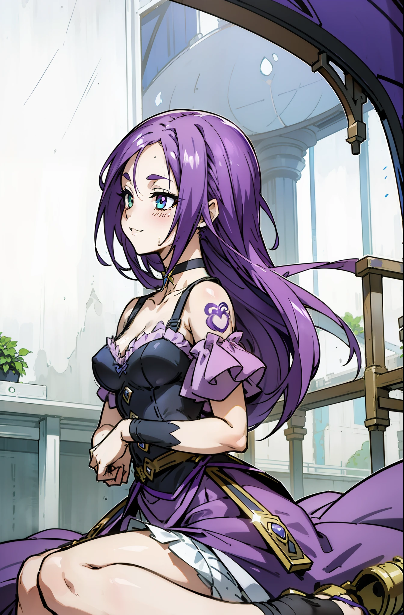 Colorful, Up-close, purple color hair, Ultra-realistic hair quality, Vibrant colors, Young Girl, 14years old girl, Beautiful long hair, Shiny hair, detailed hairs, Hair Ribbon, Single-sided up, Reo Mikage, Blue Lock, no sleeves, Sleeveless, open shoulders, Cinderella, drawing, Cinderella with panniers, Cinderella Dress, Lace dress, long dress, white stockings, stockings, Chest exposure, Lace underwear, Metamorphosis is exposed, buckle, Choker, Black Choker, complete fingers, Five Fingers, Two arms, Two hands, The tattoo, body tattoo, arm tattoos, Blue Rose Tattoo, Tattoo on the wrist, Tattoo on the thigh, Relative area, Sexy breasts, Big breasts, red blush, 1girl in, Solo, Sharp face, Heterochromia, Green eyes, Purple eyes, Bare neck, Happy face, light smile, skirt in dress, pannier in dress,sitting on the grounds, Scenery of Shanghai, Castles, crouching down, bare foot, sandals, masutepiece, Ultra-detailed, Hyper-detailing, anime, anime style, Best Quality