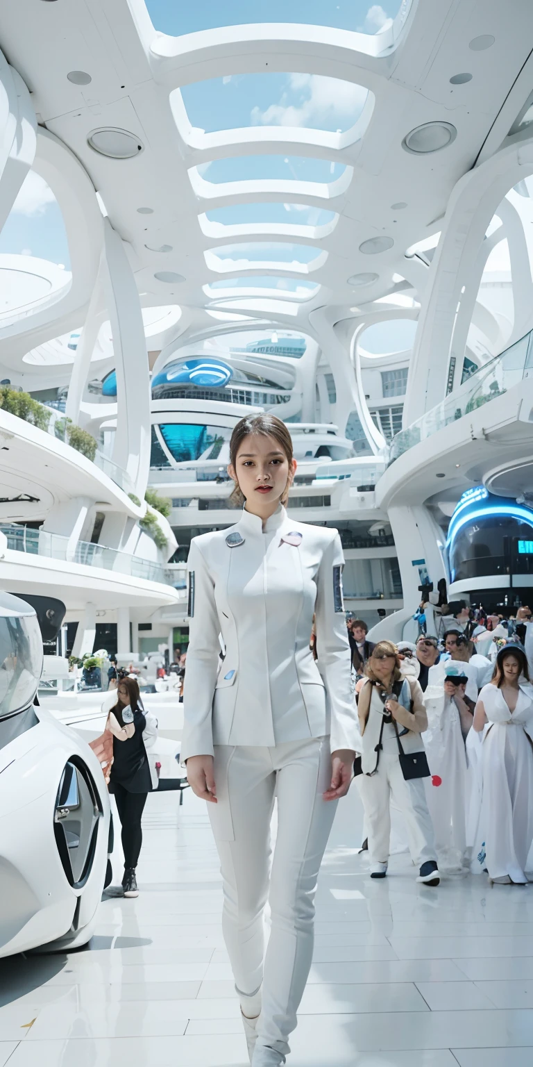 There is a woman in a white suit standing in a futuristic building, human futuristic city, wearing futuristic white suit, in a futuristic city, wearing futuristic clothing, Futuristic style, wearing futuristic, fashionable futuristic woman, futuristic fashion show, futuristic outfit, futurism aesthetic, futuristic fashion, Very futuristic, Futuristic look, Futuristic clothing, in a futuristic cyberpunk city, biopunk futuristic wardrobe
