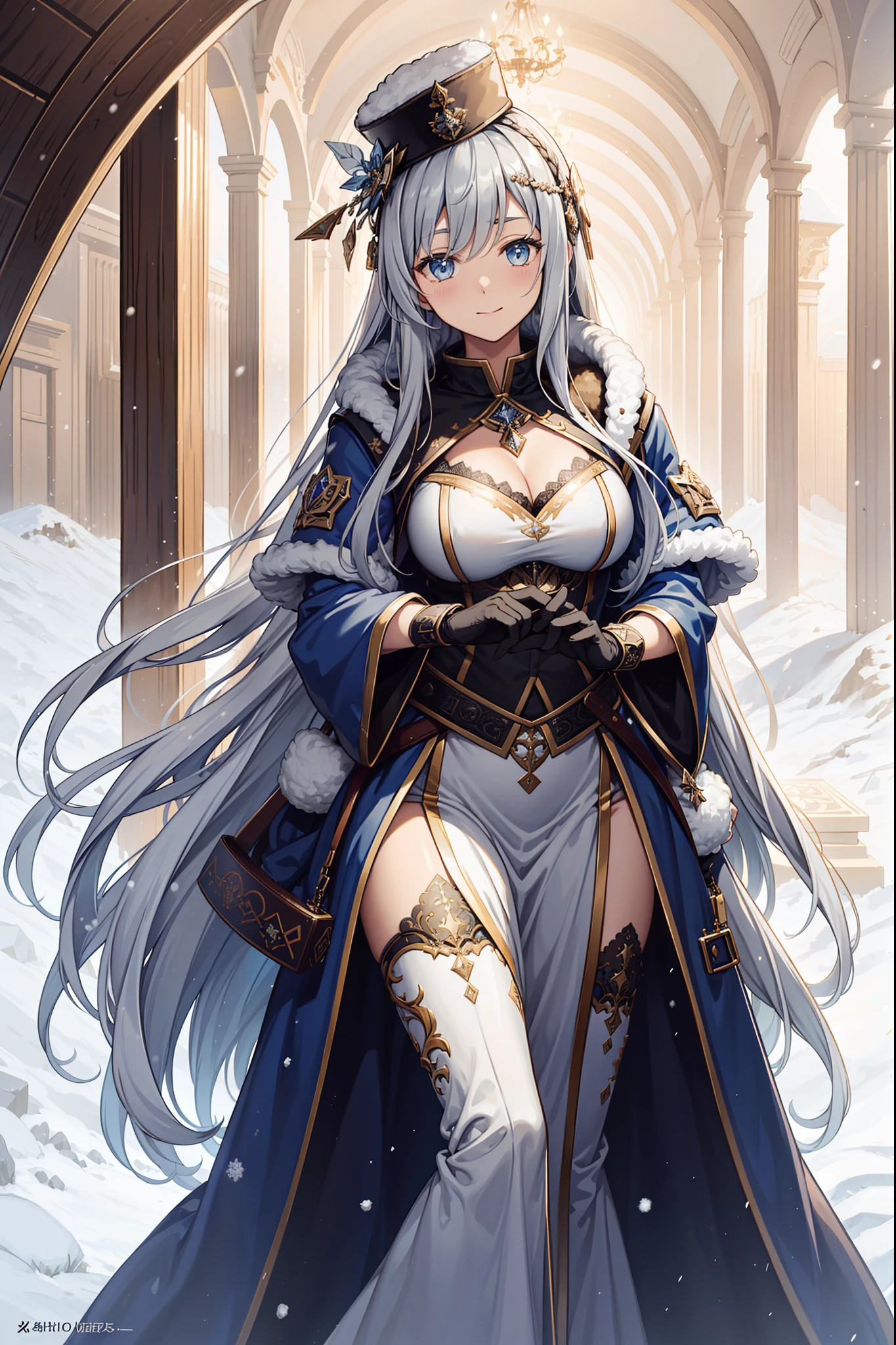 saints，divino，having fun，gentleness，(Military coat:1.1)，Long boots，Long gloves，(Cotton coat)，(Winter hat:1.3)，(Lots of plush:1.1)，down jacket，(Silvery hair:1.1)，eBlue eyes，(Many ornaments made of ice:1.1)，Light gray edges，Light yellow pattern，Sacred motifs，Maximalism，Ruffles，Lace，Delicate embroidery，Delicate pattern，(exquisite costumes)，The background is a cold country，solo person，Beautiful detailed face，(Heavy snowfall:1.1)，Enchanted