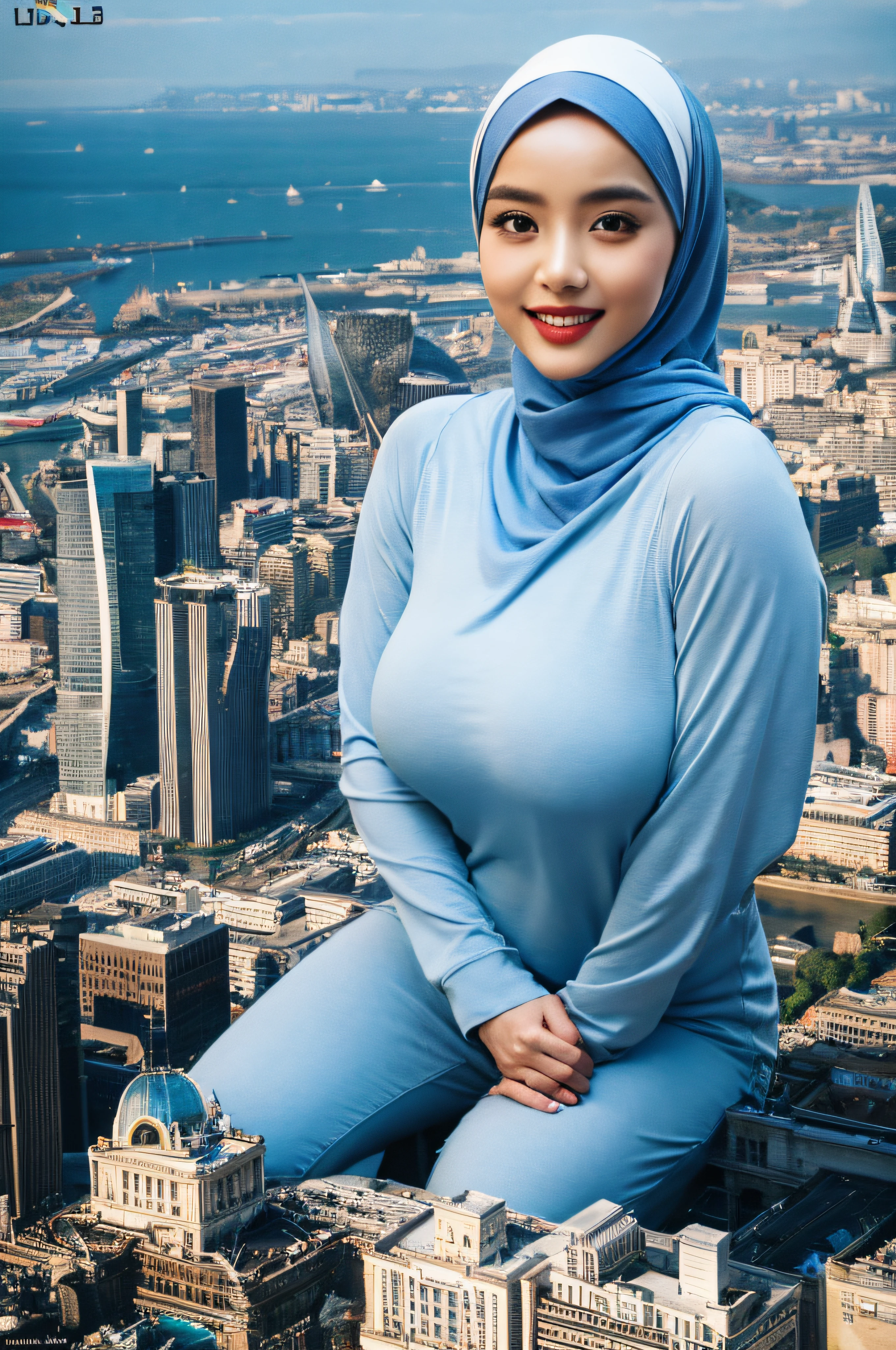 (Best quality, high resolution, masterpiece: 1.3), a beautiful malay woman in hijab, gigantic breasts, slim figure, sweatshirt, beautifully presented details in the street and facial and skin texture, detailed eyes, double eyelids, big eyeschest visible, shirt openfeatures), HDR, 8k resolution, nice fingers, firm skin, (((high detail skin, visible pores))), 1 female, tall body, 30 years old, holding a luxurious handbag(ultra Gigantic Breasts:1.3, heavy hanging breasts, perfect round shape breast), wearing jeans Tight Malay Gamis Pastel Close Up Tight Hijab, big busty red lips, Full Body, Beautiful Shy Smile, Wearing High Heels, In Lux, wearing deep_v-neck_dress, (giga:1.3), giantess, (city destruction:1.35), metropolis, london, aerial view, sitting on a building