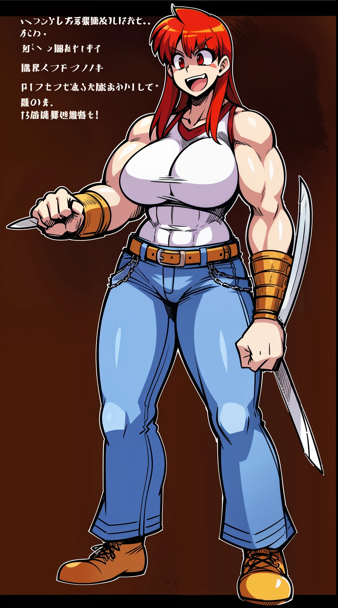 tomboy, warrior, berserker, tall female, muscular female, living hair, sauvage,, medieval clothing, fantasy, fantasy weapon, huge breasts, barbarian pants, , combat boots, armor, red hair, crazy smile, open mouth, biceps, necktie, thick arms,pullover, solo focus, long hair, , crazy smile, long hair, sword holding, pants