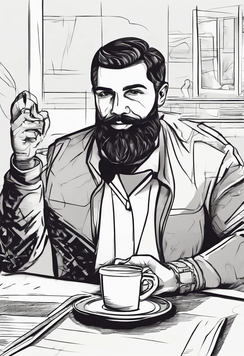 arafed man with a beard holding a cup of coffee, inspired by George Morrison, in style of digital illustration, cartoon style illustration, gta art style, character portrait of me, official character illustration, gta character, drake in gta v, as the protagonist of gta 5, high quality portrait, inspired by George Manson, gmaster