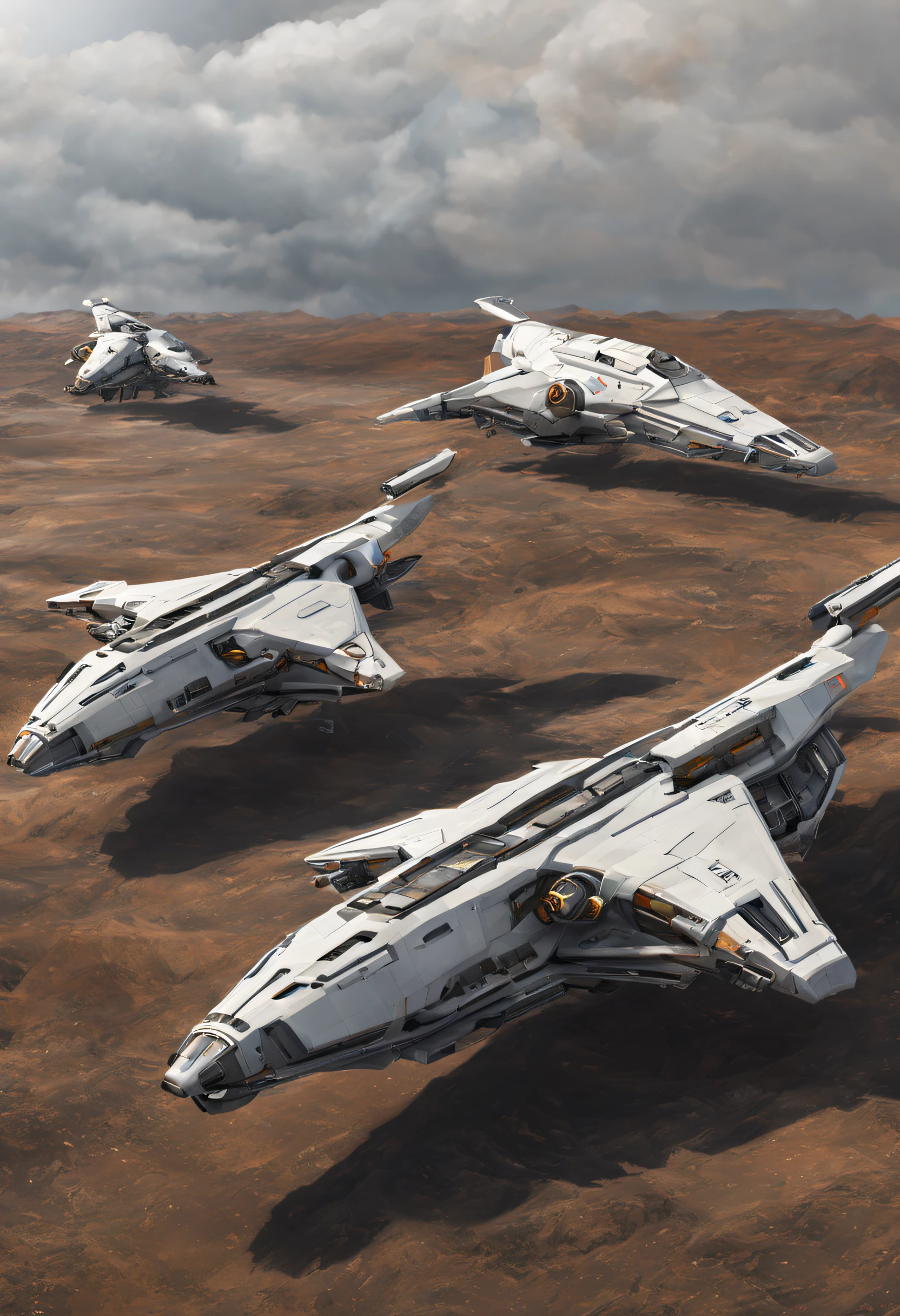 detailed, (three spaceships on the ground:1.5), space shipyard, long-distance workers, one spaceship taking off, cloudy weather, artstation render